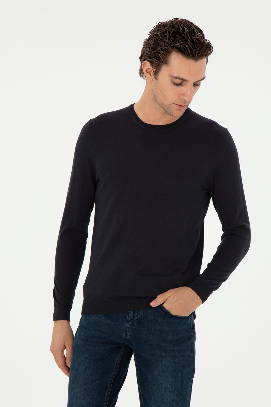 Lacivert Slim Fit Kaşmir İpek Karışımlı Bisiklet Yaka Triko Kazak - 50293273004
