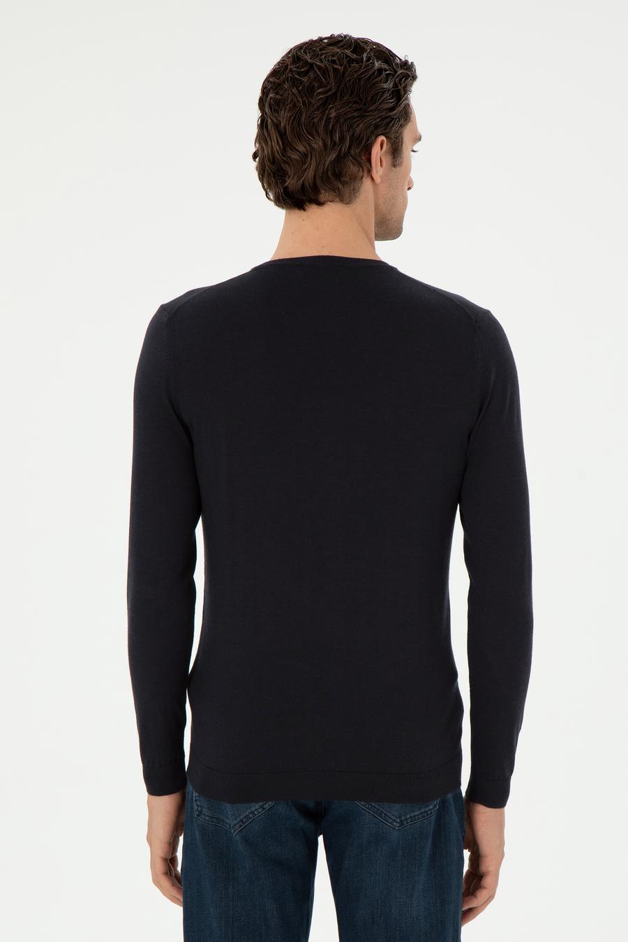 Lacivert Slim Fit Kaşmir İpek Karışımlı Bisiklet Yaka Triko Kazak - 50293273004