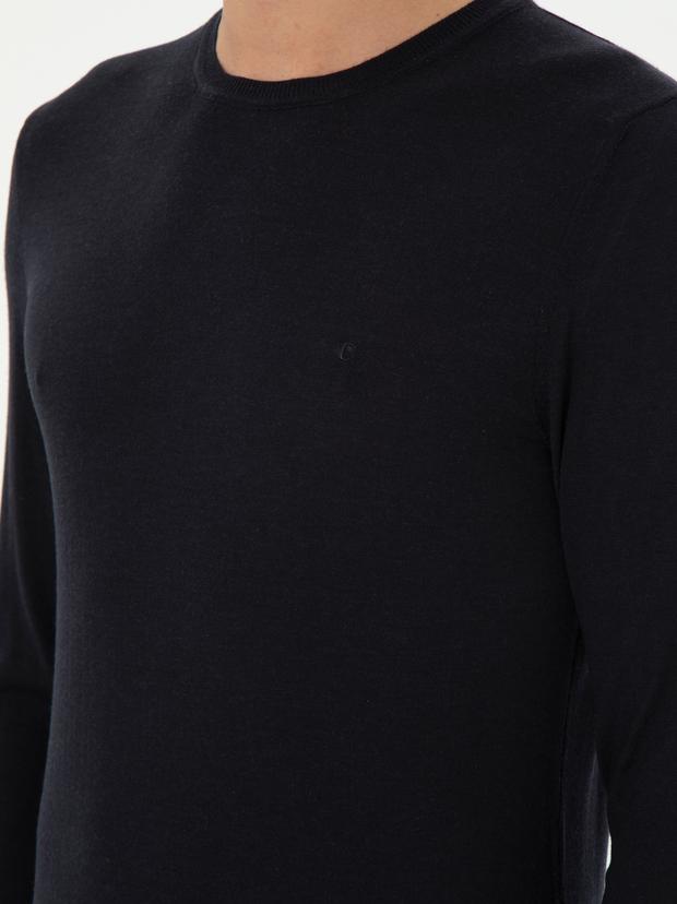 Lacivert Slim Fit Kaşmir İpek Karışımlı Bisiklet Yaka Triko Kazak