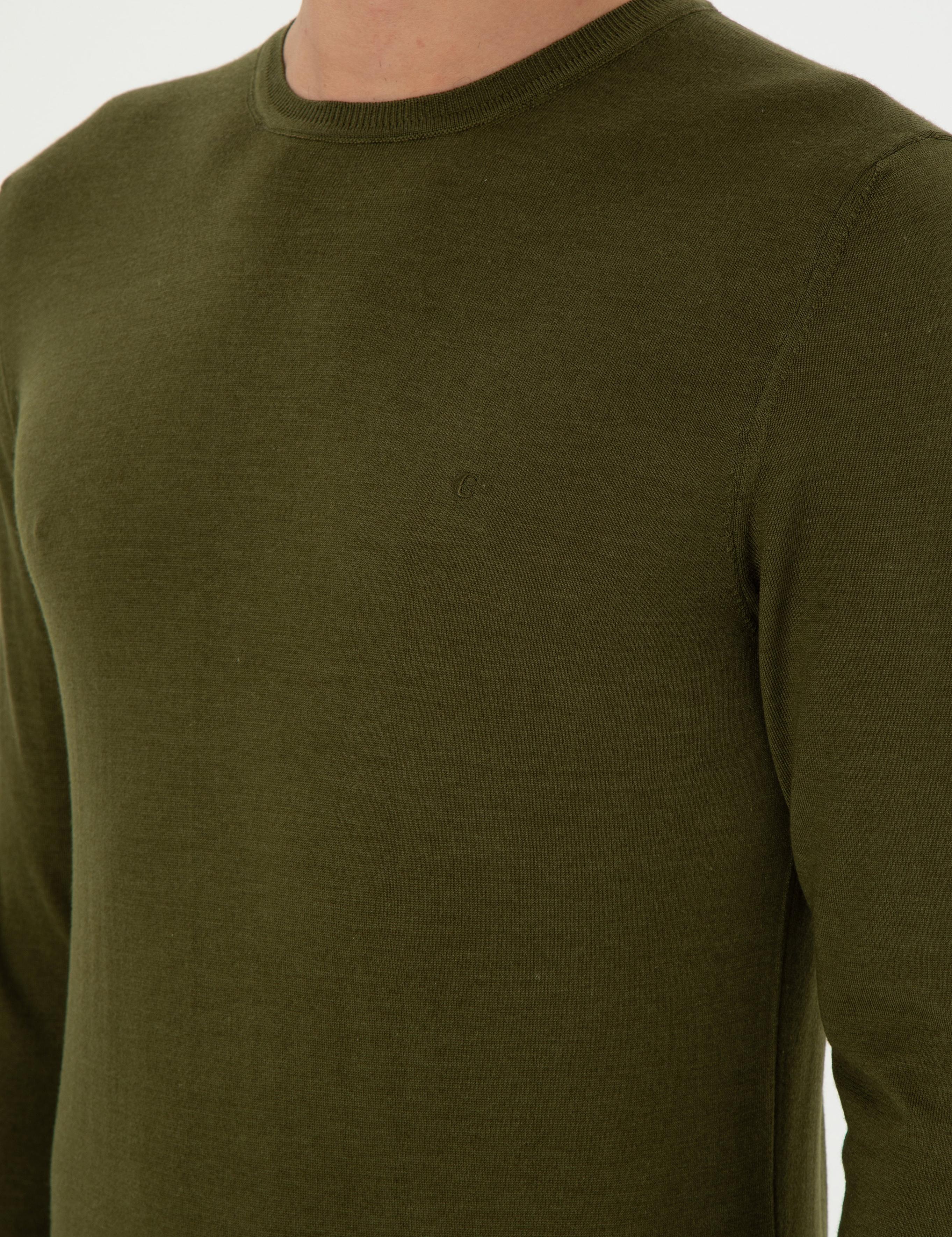 Haki Slim Fit Kaşmir İpek Karışımlı Bisiklet Yaka Triko Kazak - 50293273049