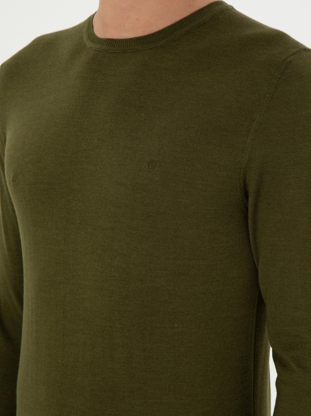 Haki Slim Fit Kaşmir İpek Karışımlı Bisiklet Yaka Triko Kazak