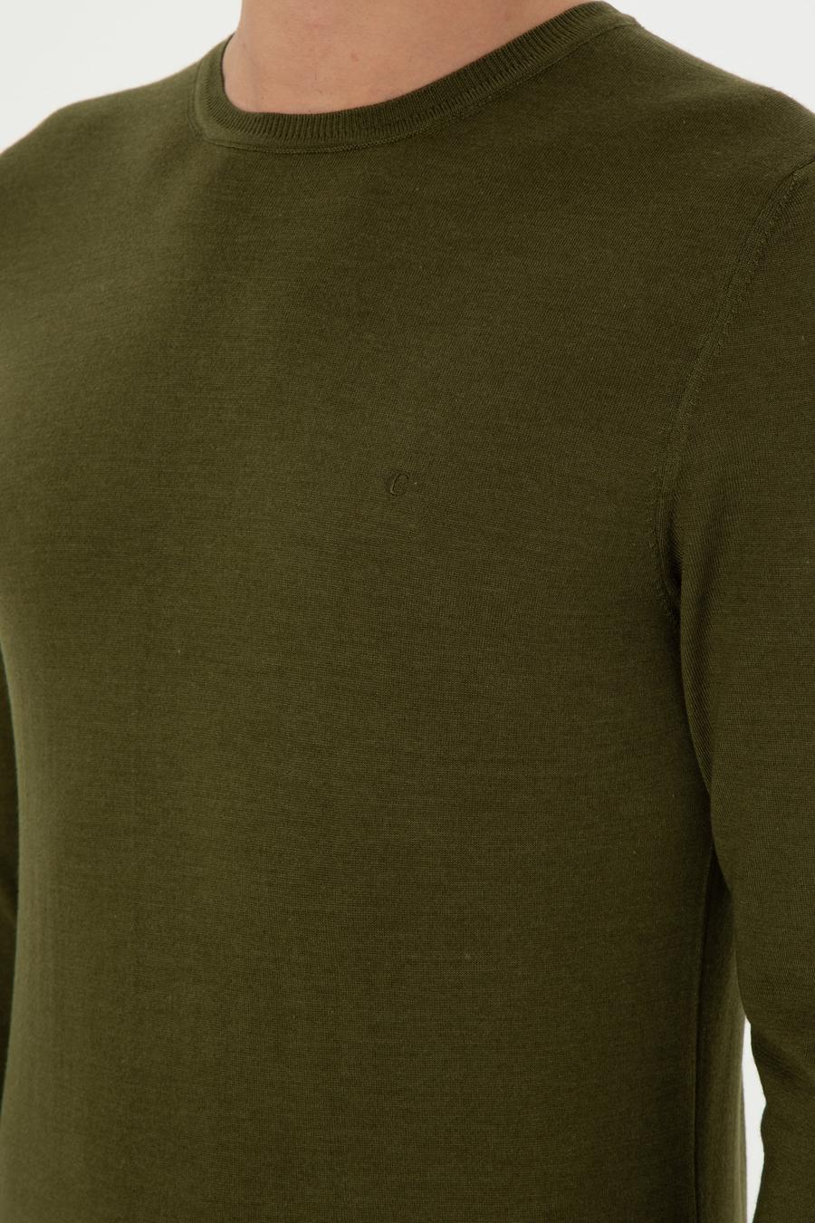 Haki Slim Fit Kaşmir İpek Karışımlı Bisiklet Yaka Triko Kazak - 50293273049