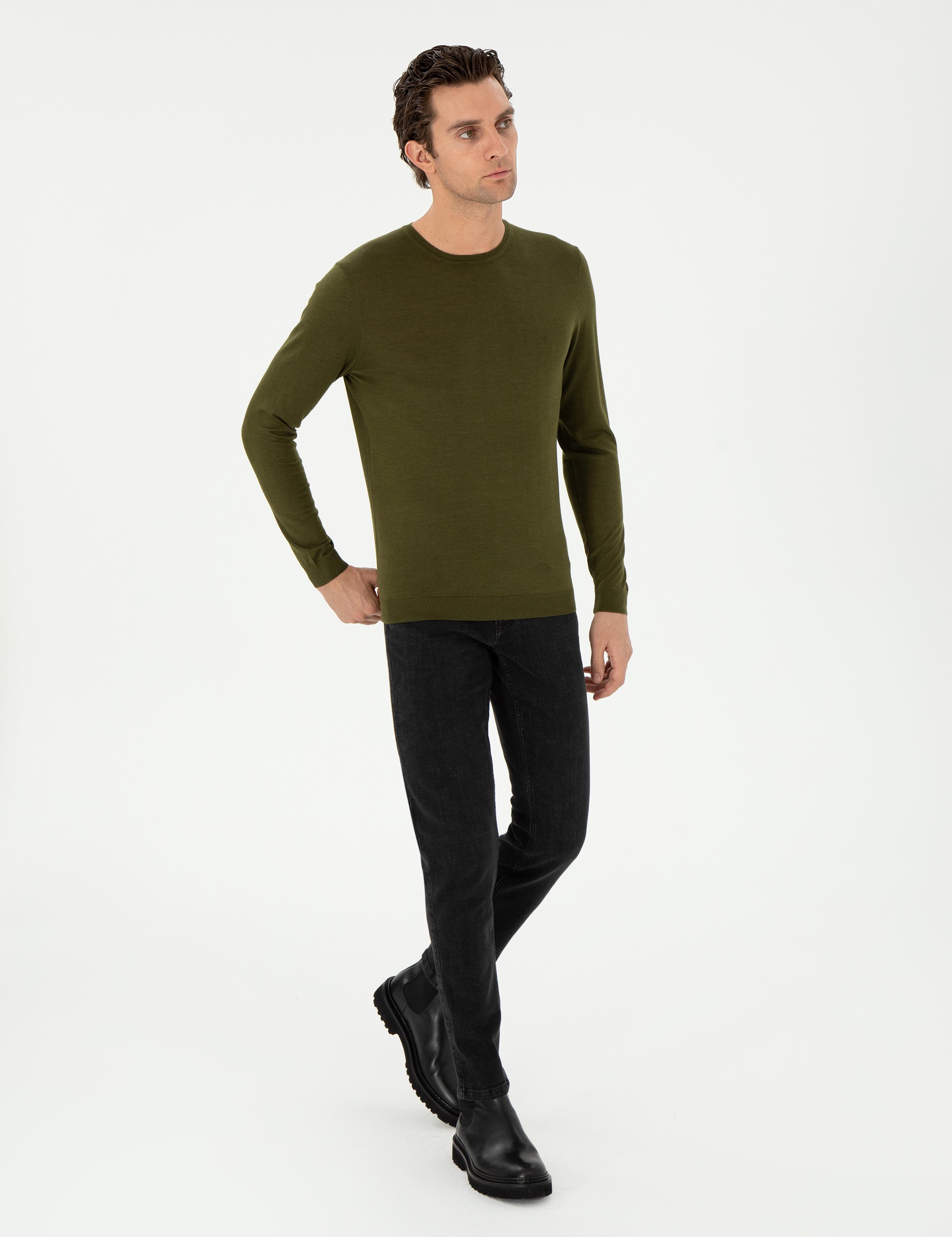 Haki Slim Fit Kaşmir İpek Karışımlı Bisiklet Yaka Triko Kazak - 50293273049