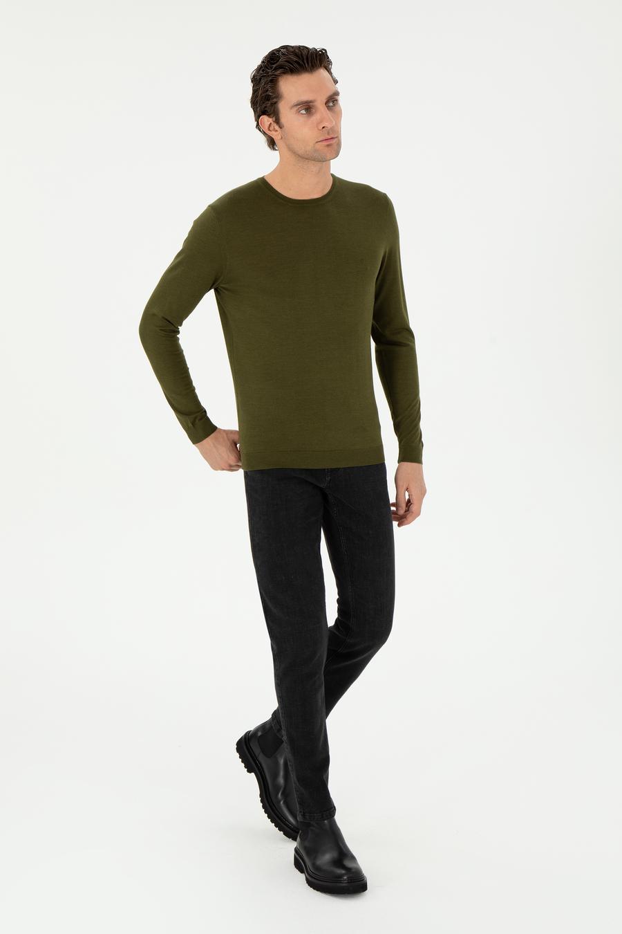 Haki Slim Fit Kaşmir İpek Karışımlı Bisiklet Yaka Triko Kazak - 50293273049