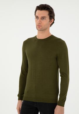 Haki Slim Fit Kaşmir İpek Karışımlı Bisiklet Yaka Triko Kazak
