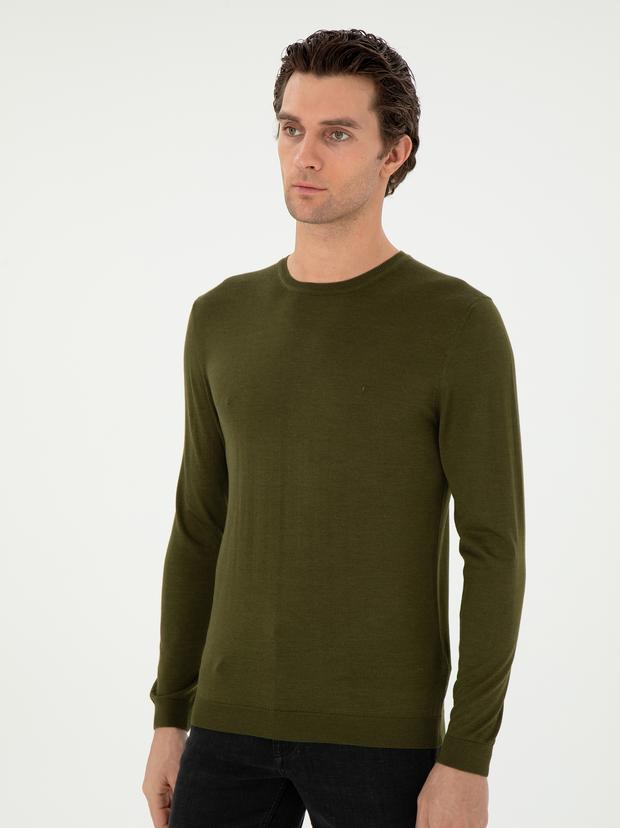 Haki Slim Fit Kaşmir İpek Karışımlı Bisiklet Yaka Triko Kazak