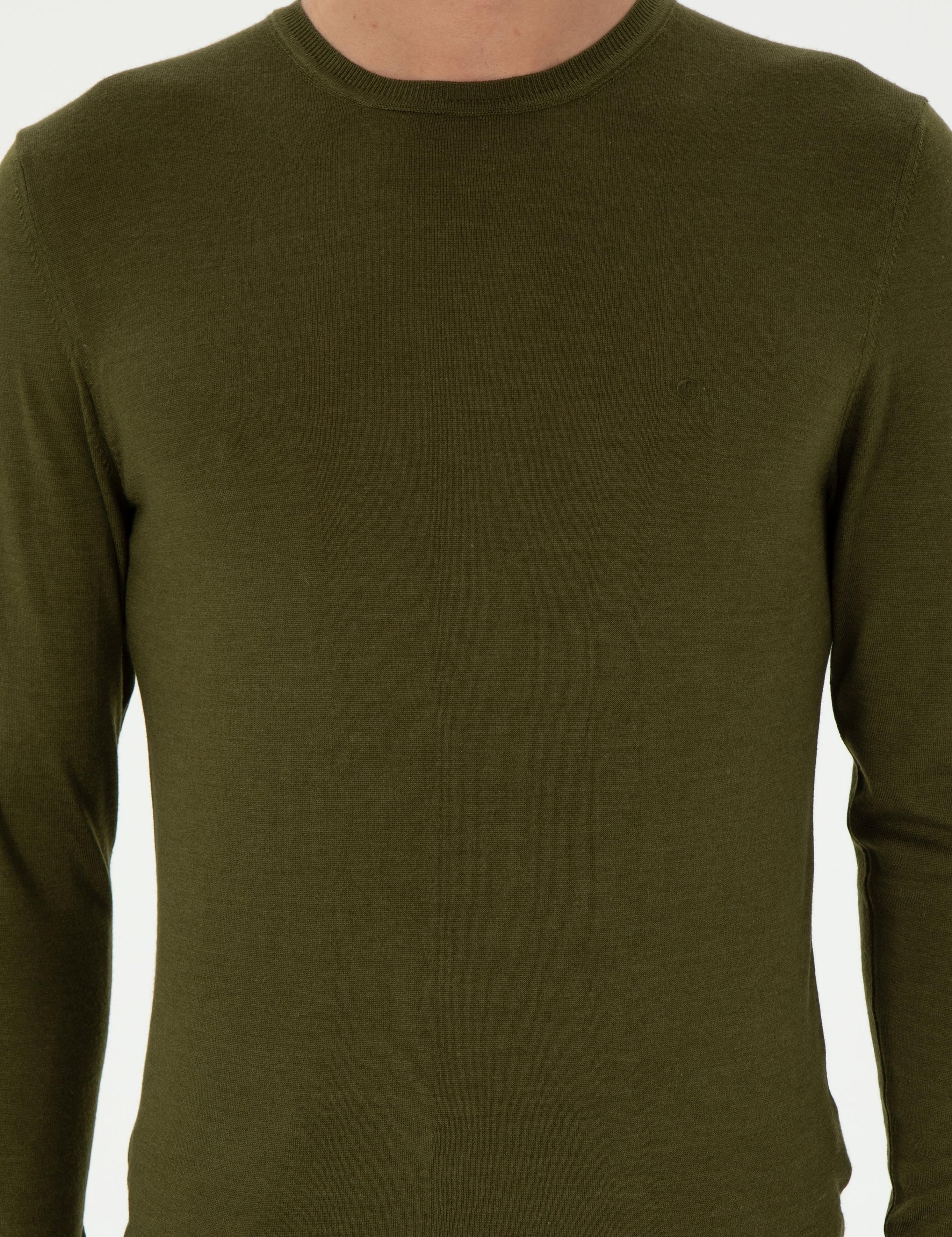 Haki Slim Fit Kaşmir İpek Karışımlı Bisiklet Yaka Triko Kazak - 50293273049