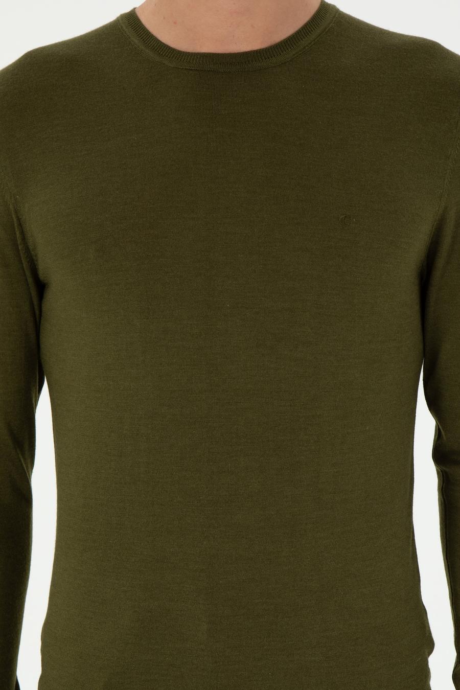 Haki Slim Fit Kaşmir İpek Karışımlı Bisiklet Yaka Triko Kazak - 50293273049