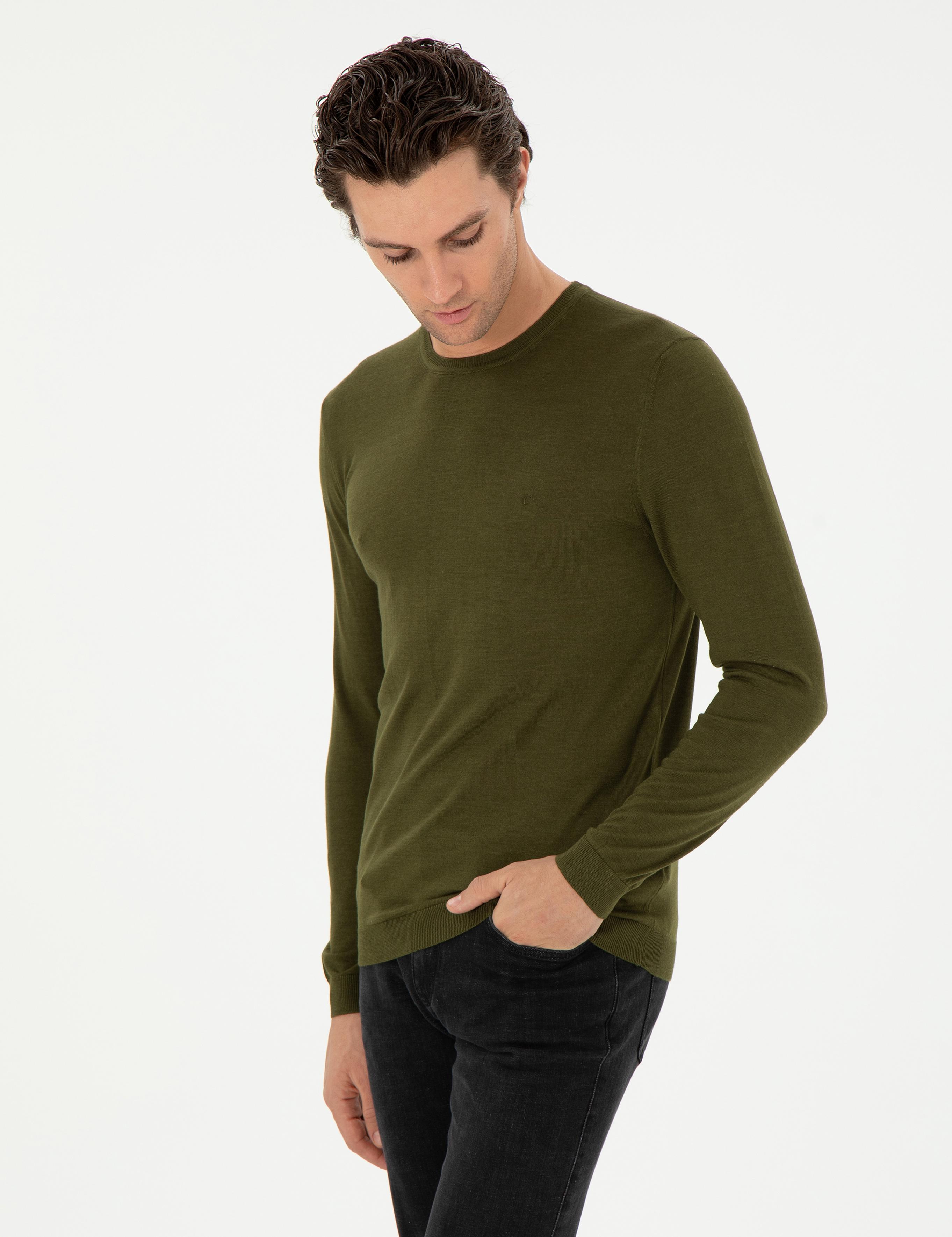 Haki Slim Fit Kaşmir İpek Karışımlı Bisiklet Yaka Triko Kazak - 50293273049
