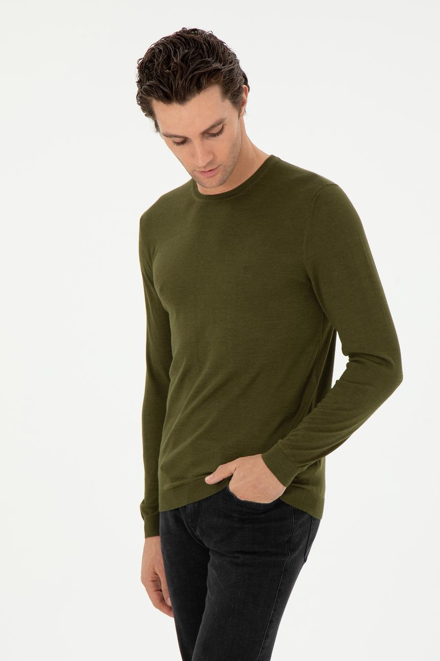 Haki Slim Fit Kaşmir İpek Karışımlı Bisiklet Yaka Triko Kazak - 50293273049