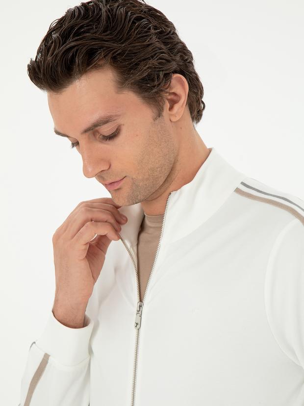 Ekru Regular Fit Tam Fermuarlı Sweatshirt