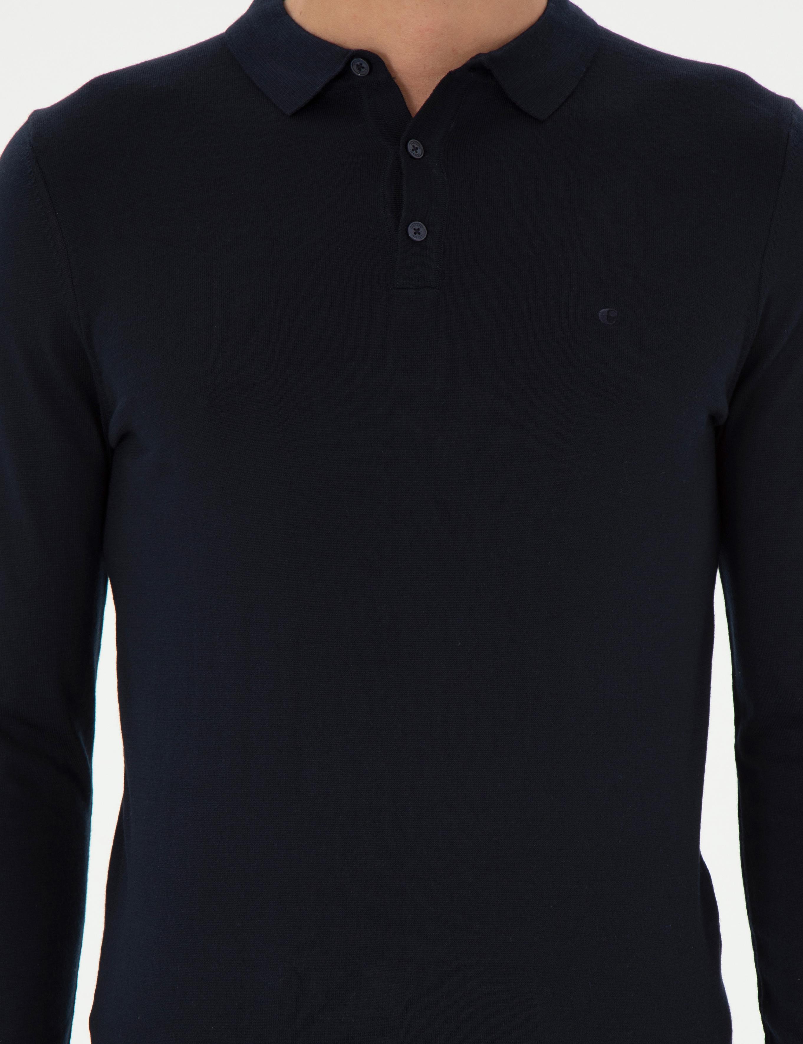 Lacivert Slim Fit Yün Karışımlı Polo Yaka Basic Triko Kazak - 50293274017