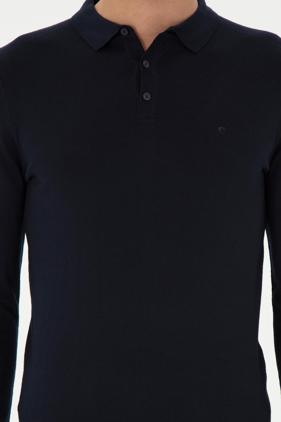 Lacivert Slim Fit Yün Karışımlı Polo Yaka Basic Triko Kazak - 50293274017