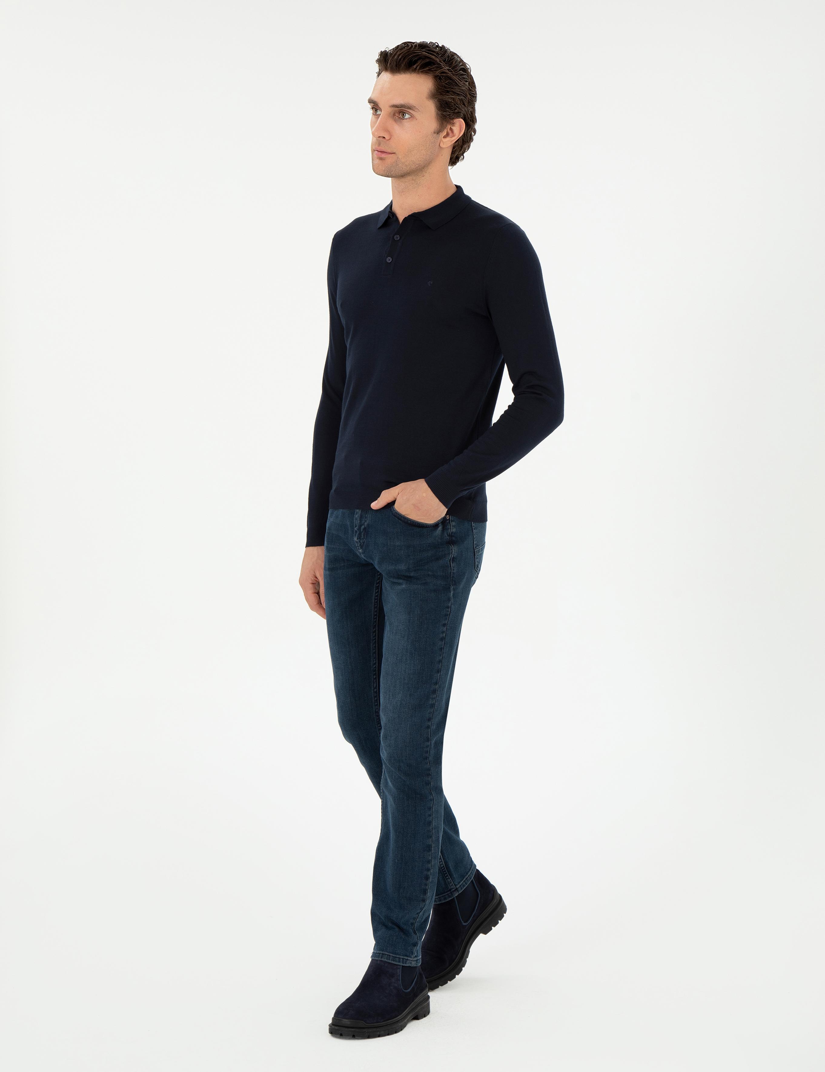 Lacivert Slim Fit Yün Karışımlı Polo Yaka Basic Triko Kazak - 50293274017
