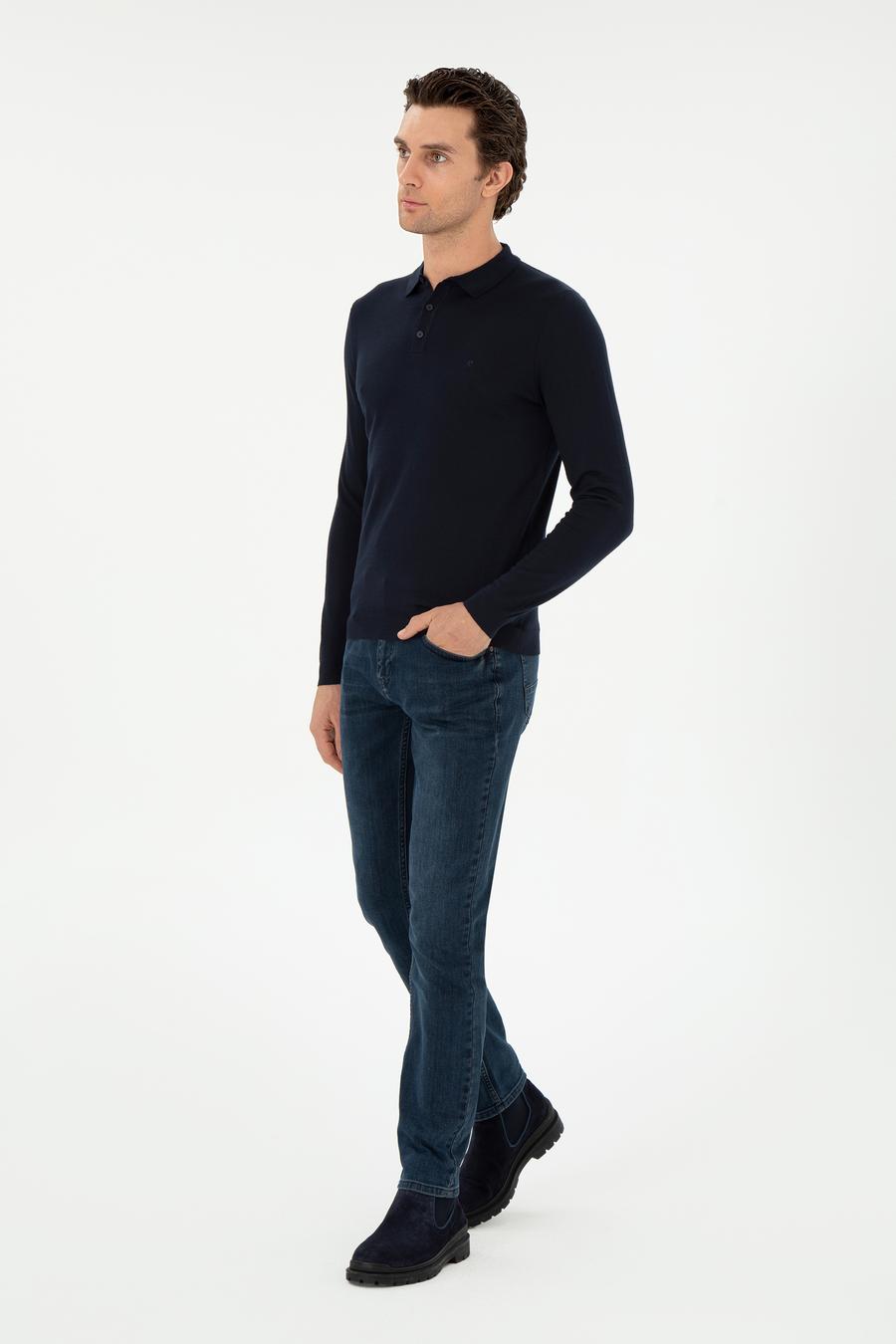 Lacivert Slim Fit Yün Karışımlı Polo Yaka Basic Triko Kazak - 50293274017