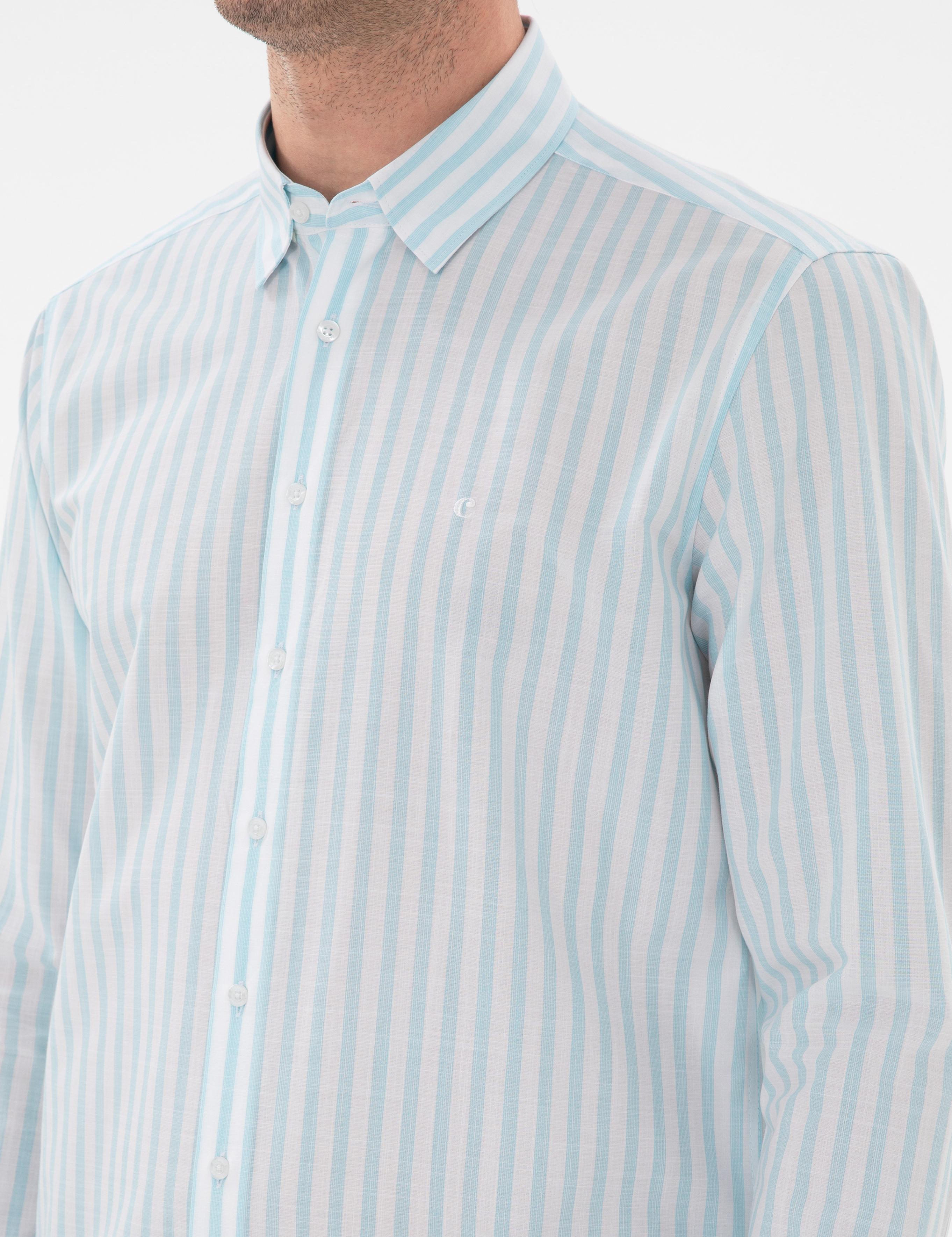 Turkuaz Regular Fit Çizgili Alttan Biritli Yakalı Gömlek - 50300604033