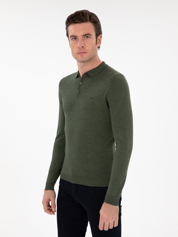 Haki Slim Fit Yün Karışımlı Polo Yaka Basic Triko Kazak