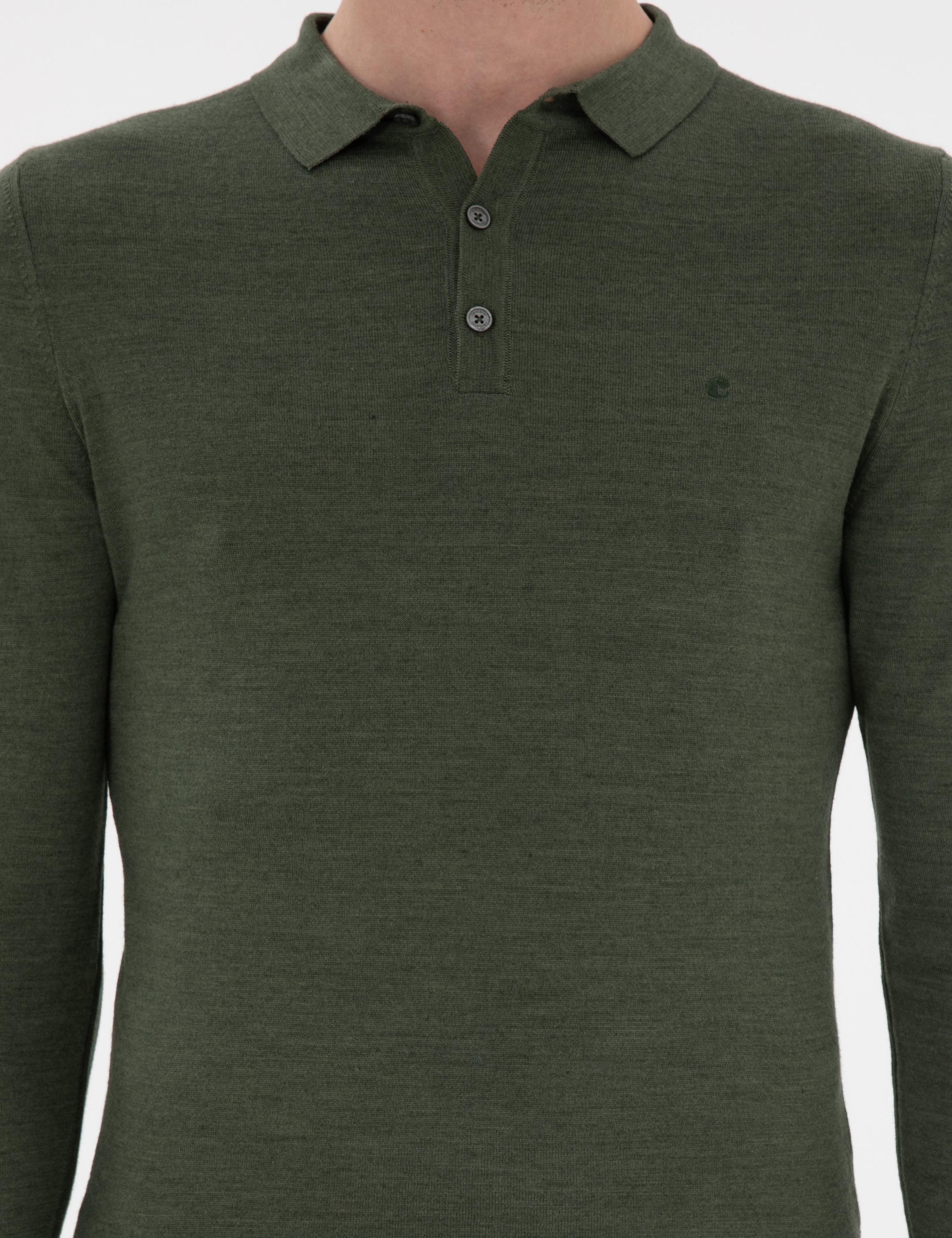 Haki Slim Fit Yün Karışımlı Polo Yaka Basic Triko Kazak - 50293274009