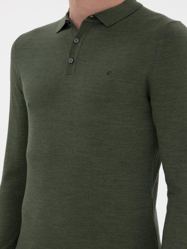 Haki Slim Fit Yün Karışımlı Polo Yaka Basic Triko Kazak