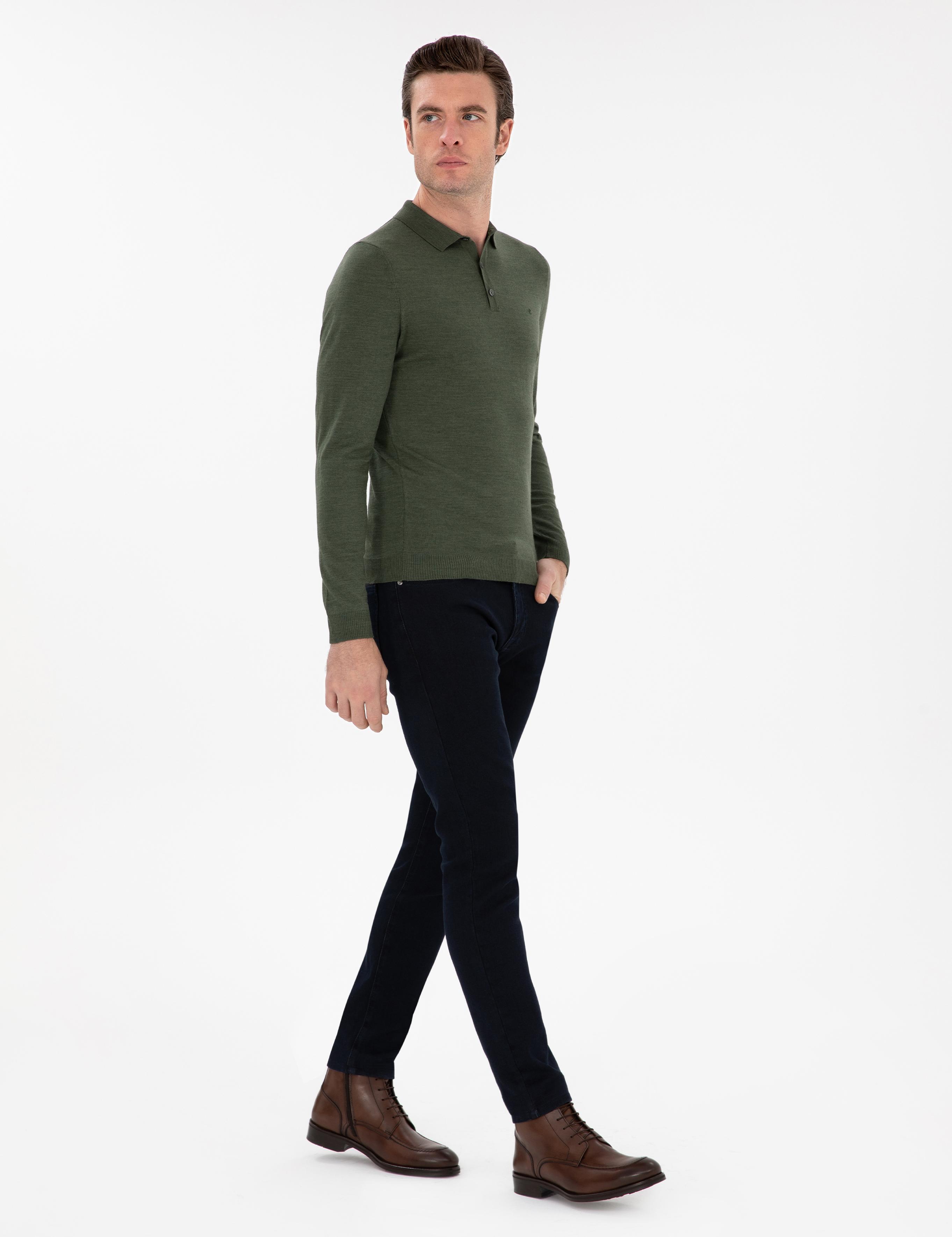 Haki Slim Fit Yün Karışımlı Polo Yaka Basic Triko Kazak - 50293274009