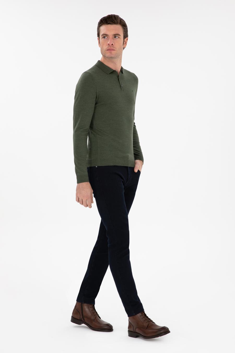 Haki Slim Fit Yün Karışımlı Polo Yaka Basic Triko Kazak - 50293274009