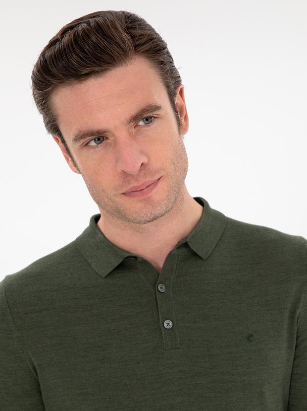 Haki Slim Fit Yün Karışımlı Polo Yaka Basic Triko Kazak