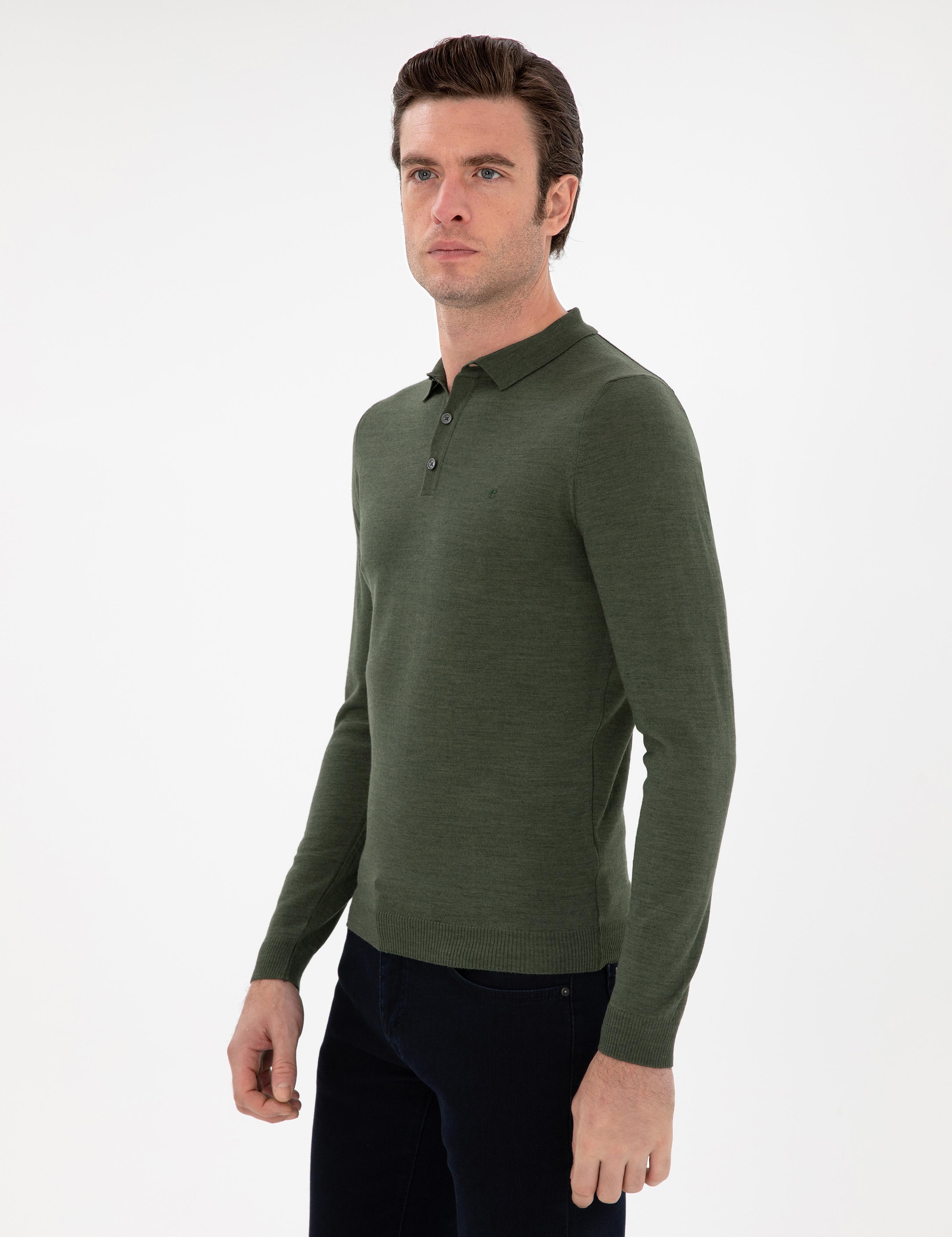 Haki Slim Fit Yün Karışımlı Polo Yaka Basic Triko Kazak - 50293274009