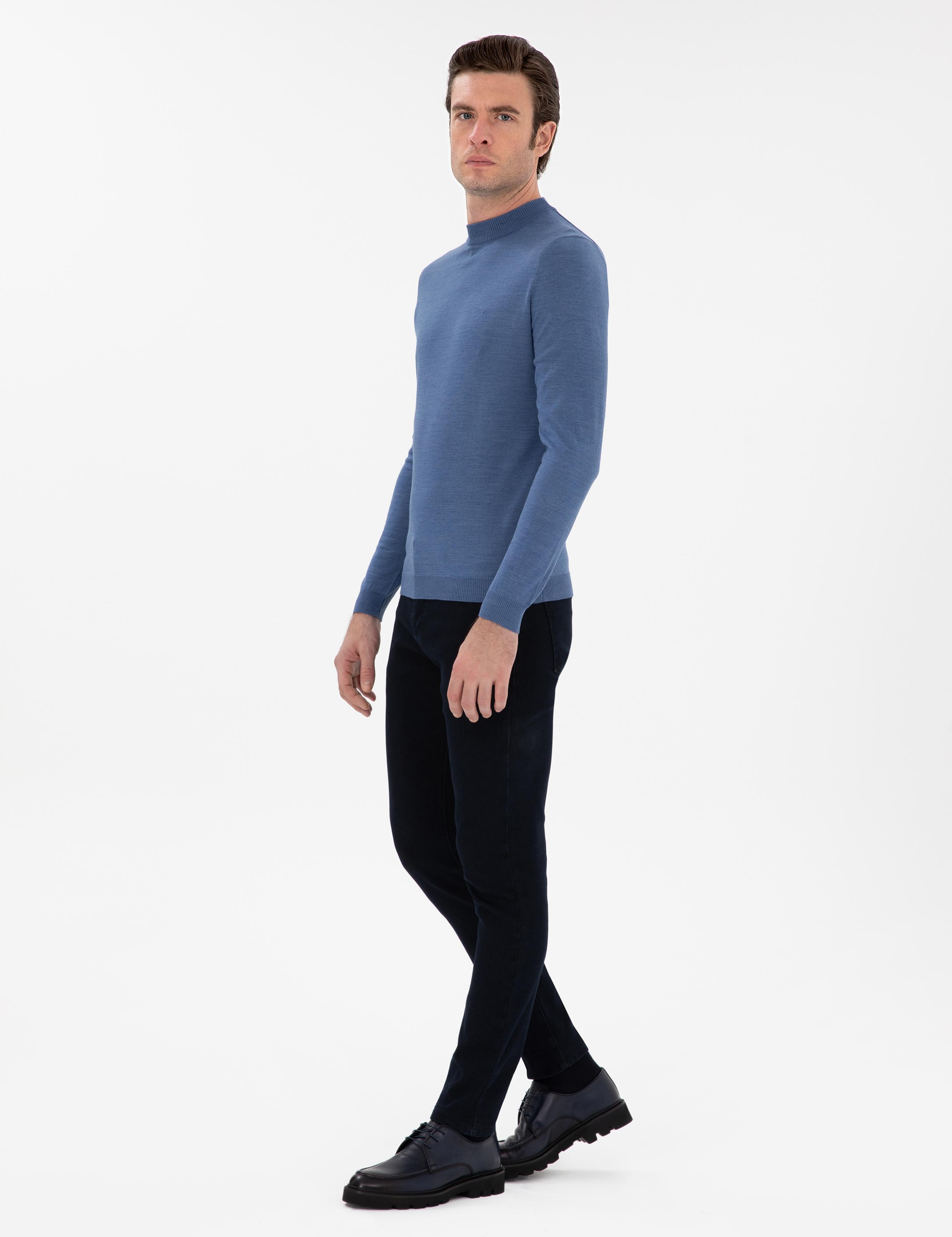 Koyu Mavi Slim Fit Yün Karışımlı Çeyrek Balıkçı Yaka Basic Triko Kazak - 50296402034