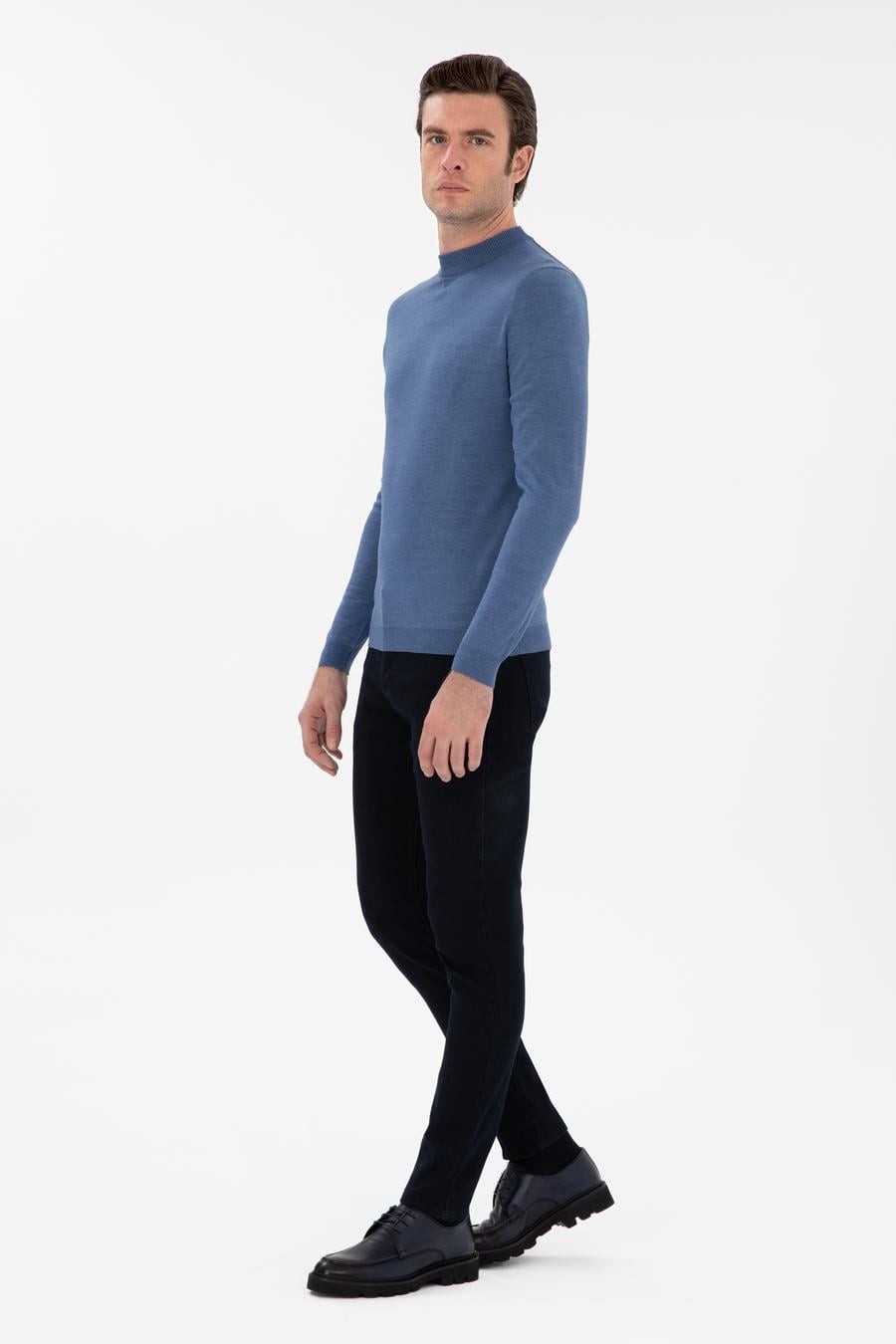 Koyu Mavi Slim Fit Yün Karışımlı Çeyrek Balıkçı Yaka Basic Triko Kazak - 50296402034