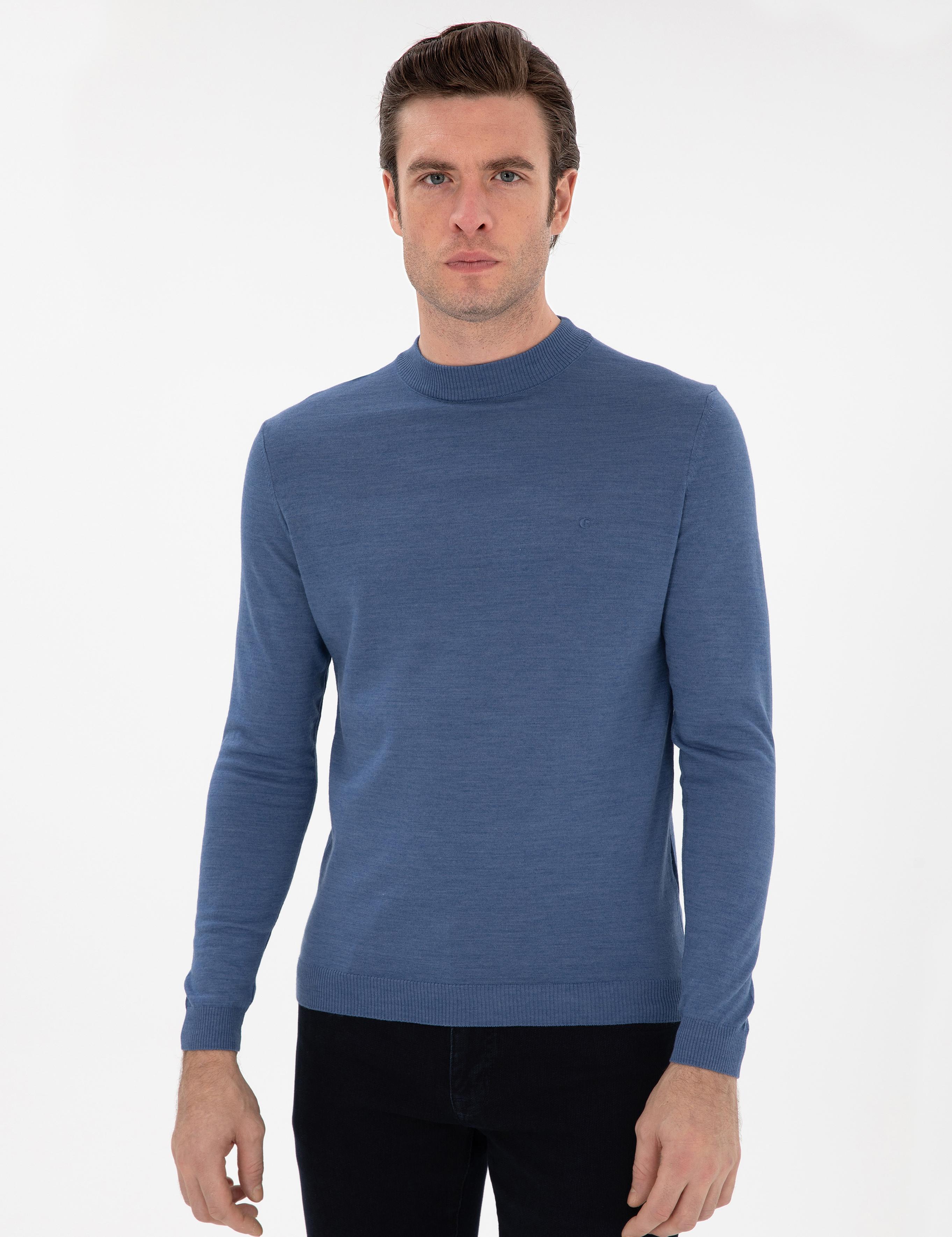 Koyu Mavi Slim Fit Yün Karışımlı Çeyrek Balıkçı Yaka Basic Triko Kazak - 50296402034