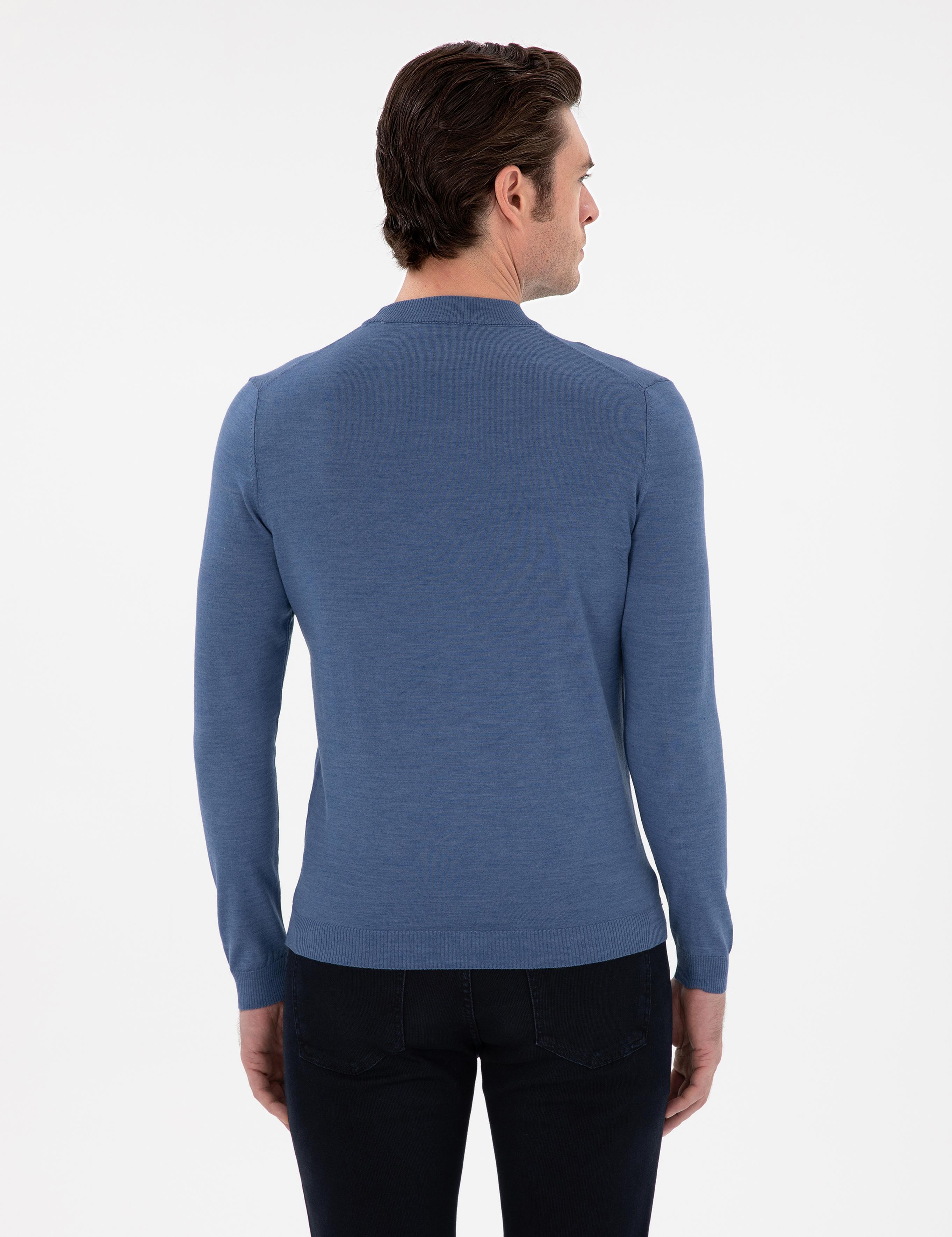 Koyu Mavi Slim Fit Yün Karışımlı Çeyrek Balıkçı Yaka Basic Triko Kazak - 50296402034