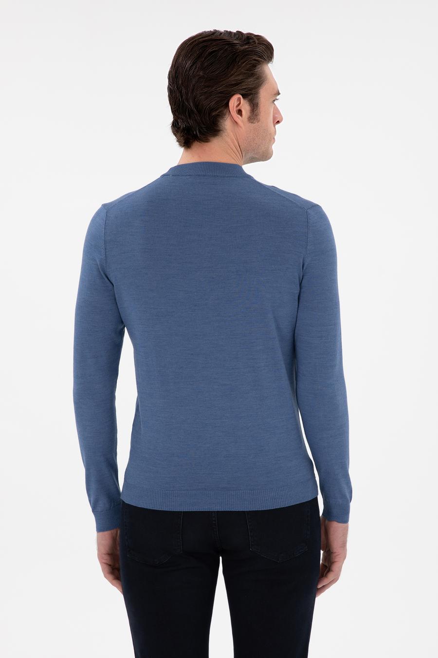 Koyu Mavi Slim Fit Yün Karışımlı Çeyrek Balıkçı Yaka Basic Triko Kazak - 50296402034