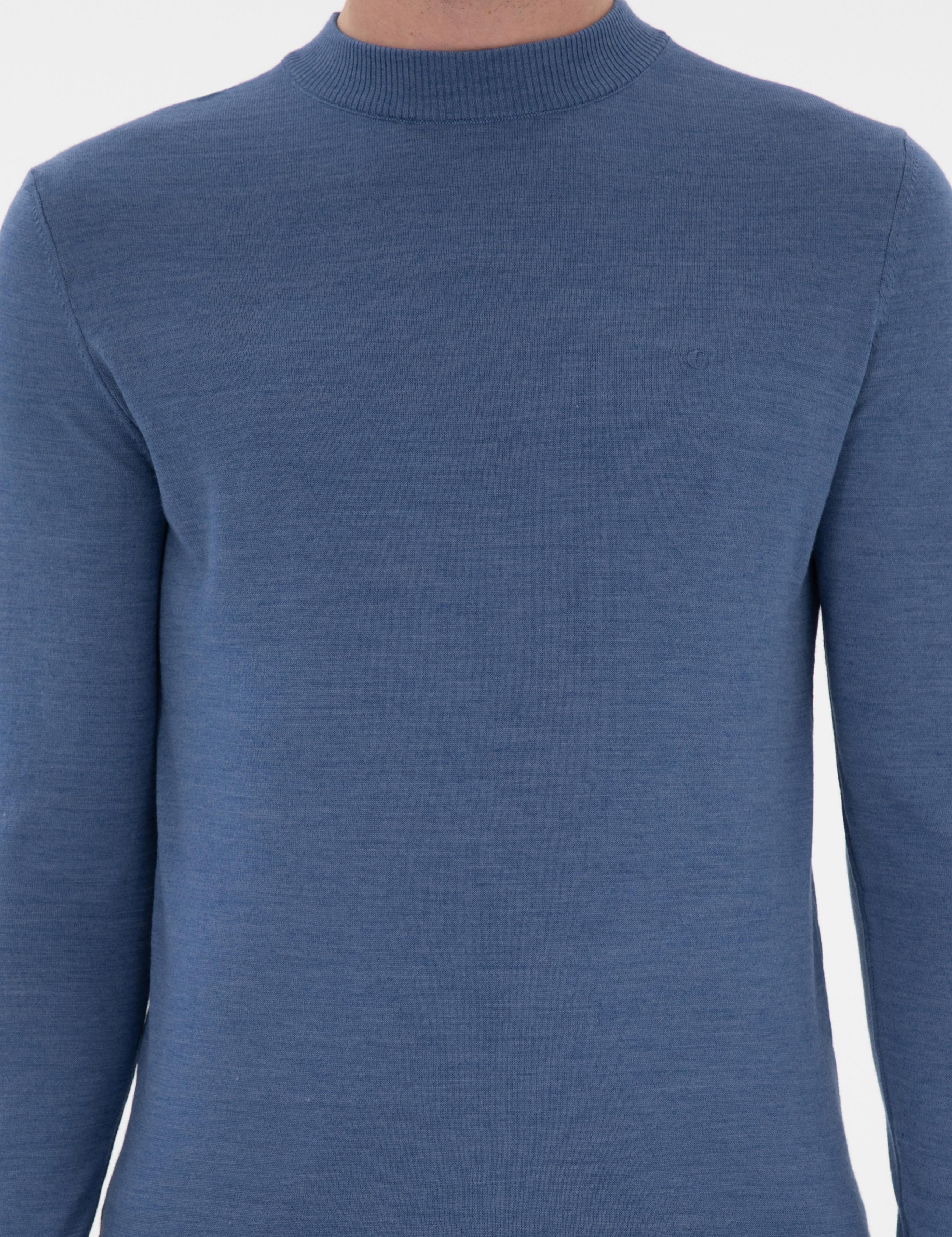 Koyu Mavi Slim Fit Yün Karışımlı Çeyrek Balıkçı Yaka Basic Triko Kazak - 50296402034