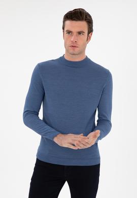 Koyu Mavi Slim Fit Yün Karışımlı Çeyrek Balıkçı Yaka Basic Triko Kazak