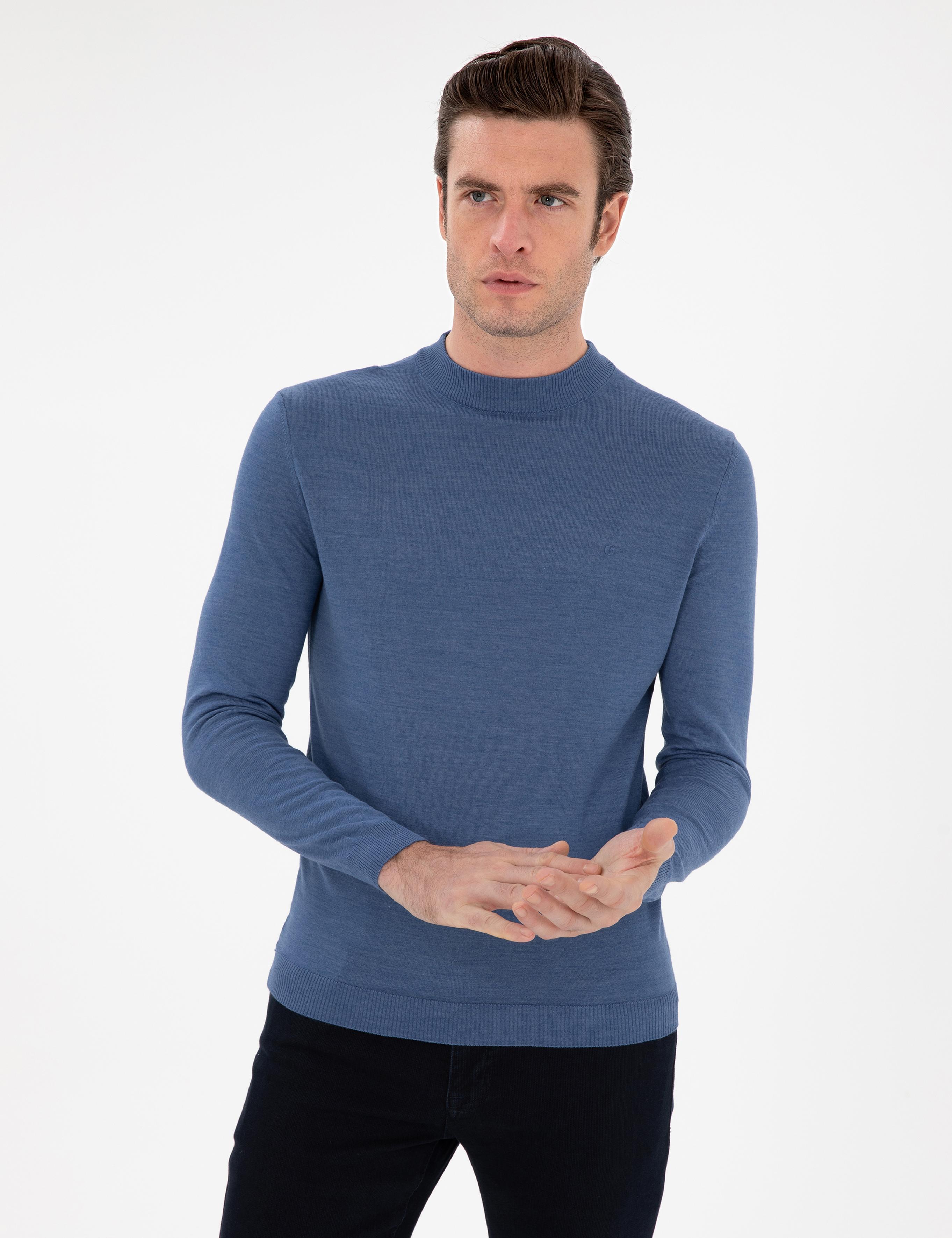 Koyu Mavi Slim Fit Yün Karışımlı Çeyrek Balıkçı Yaka Basic Triko Kazak - 50296402034
