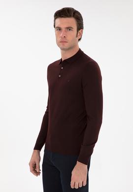 Bordo Slim Fit Yün Karışımlı Polo Yaka Basic Triko Kazak
