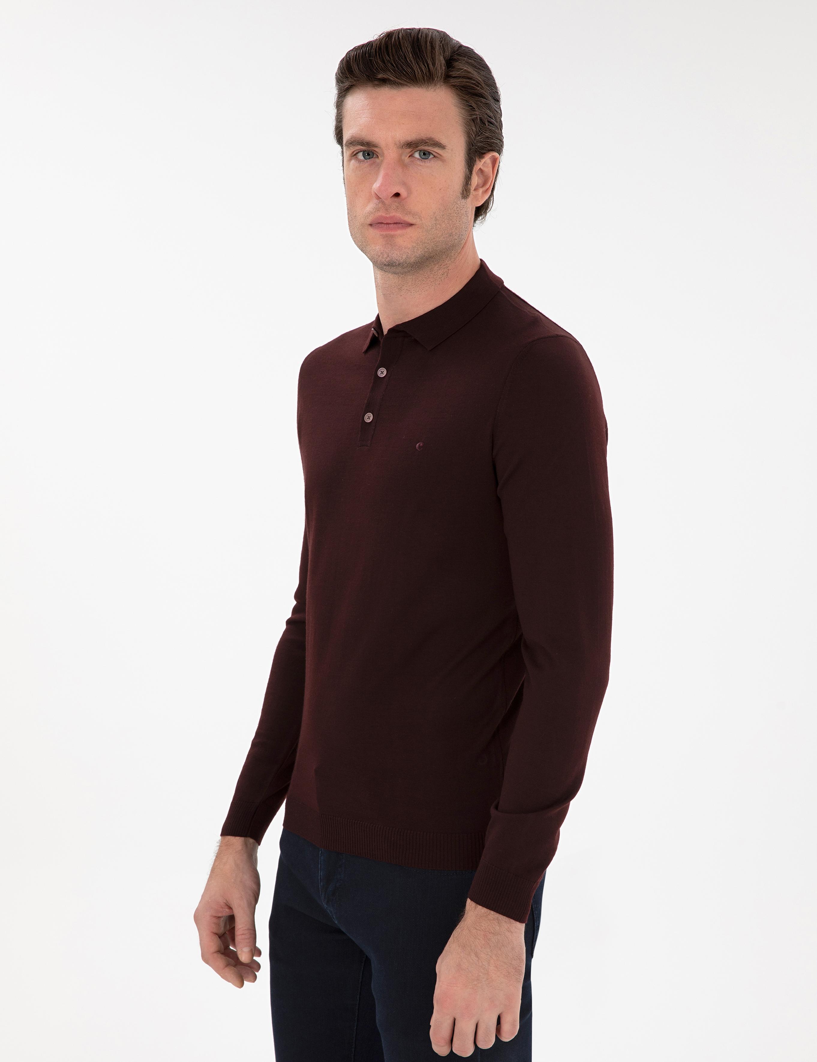 Bordo Slim Fit Yün Karışımlı Polo Yaka Basic Triko Kazak - 50293274102