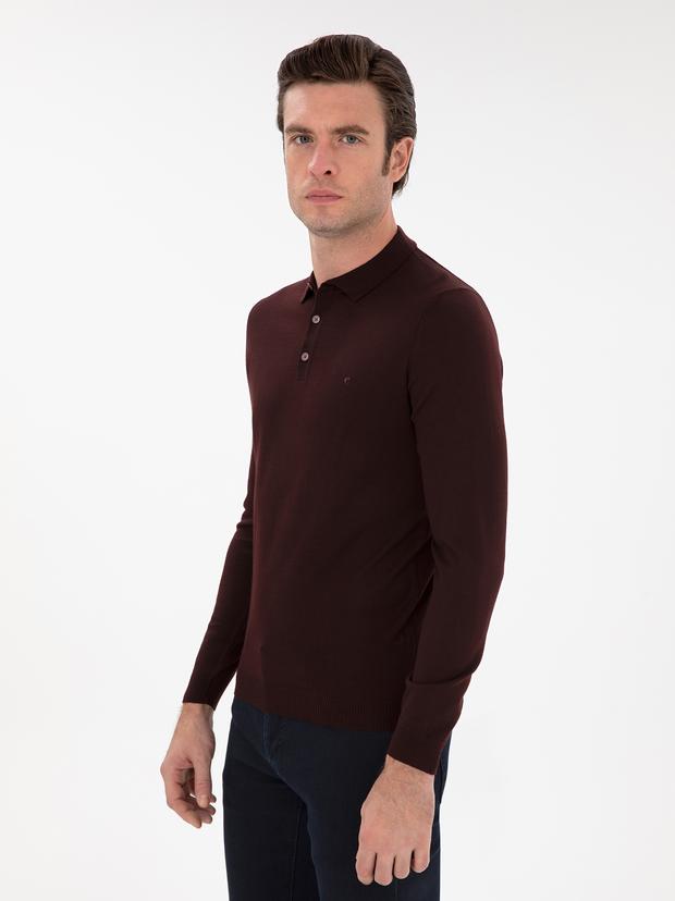 Bordo Slim Fit Yün Karışımlı Polo Yaka Basic Triko Kazak
