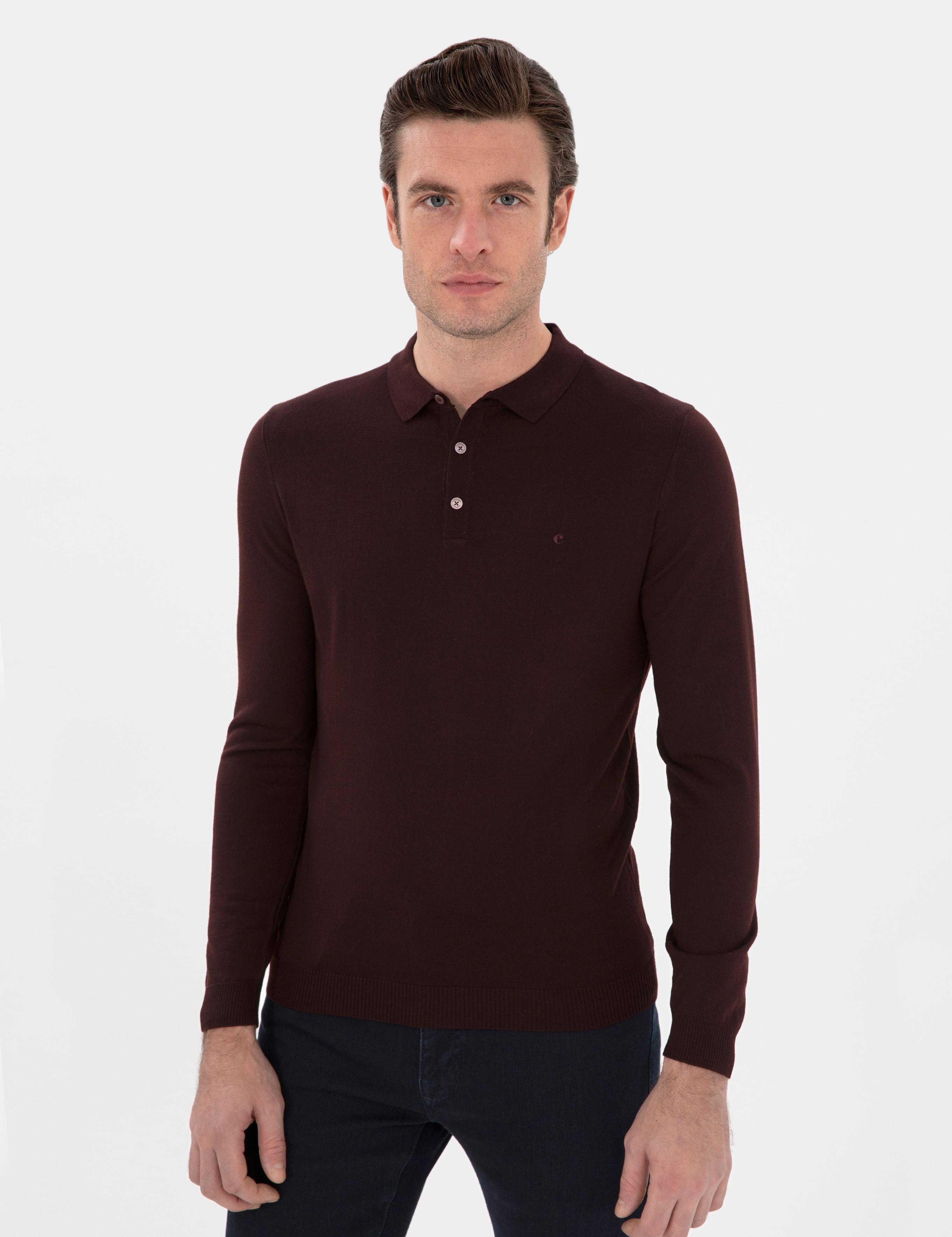 Bordo Slim Fit Yün Karışımlı Polo Yaka Basic Triko Kazak - 50293274102