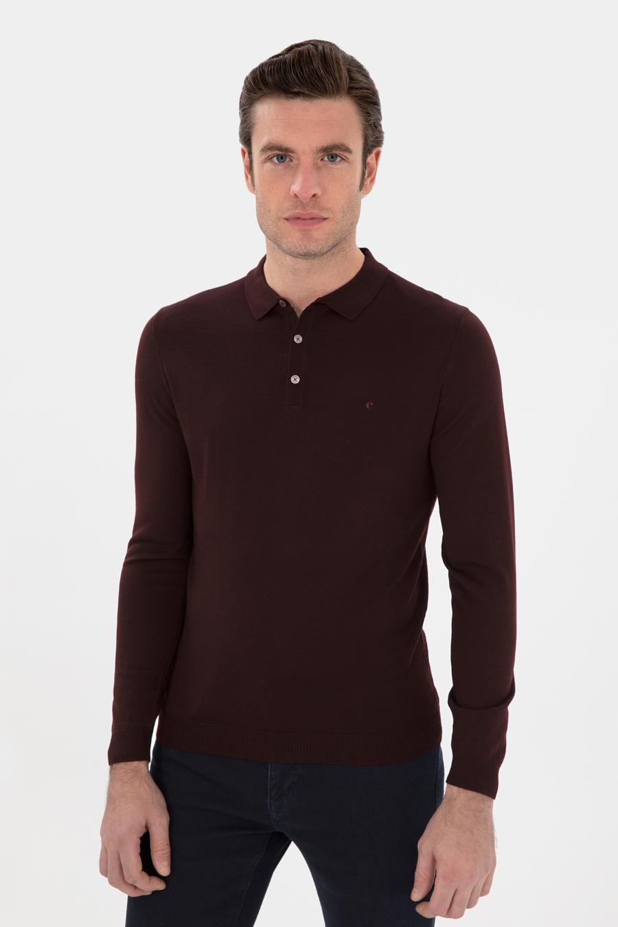 Bordo Slim Fit Yün Karışımlı Polo Yaka Basic Triko Kazak - 50293274102
