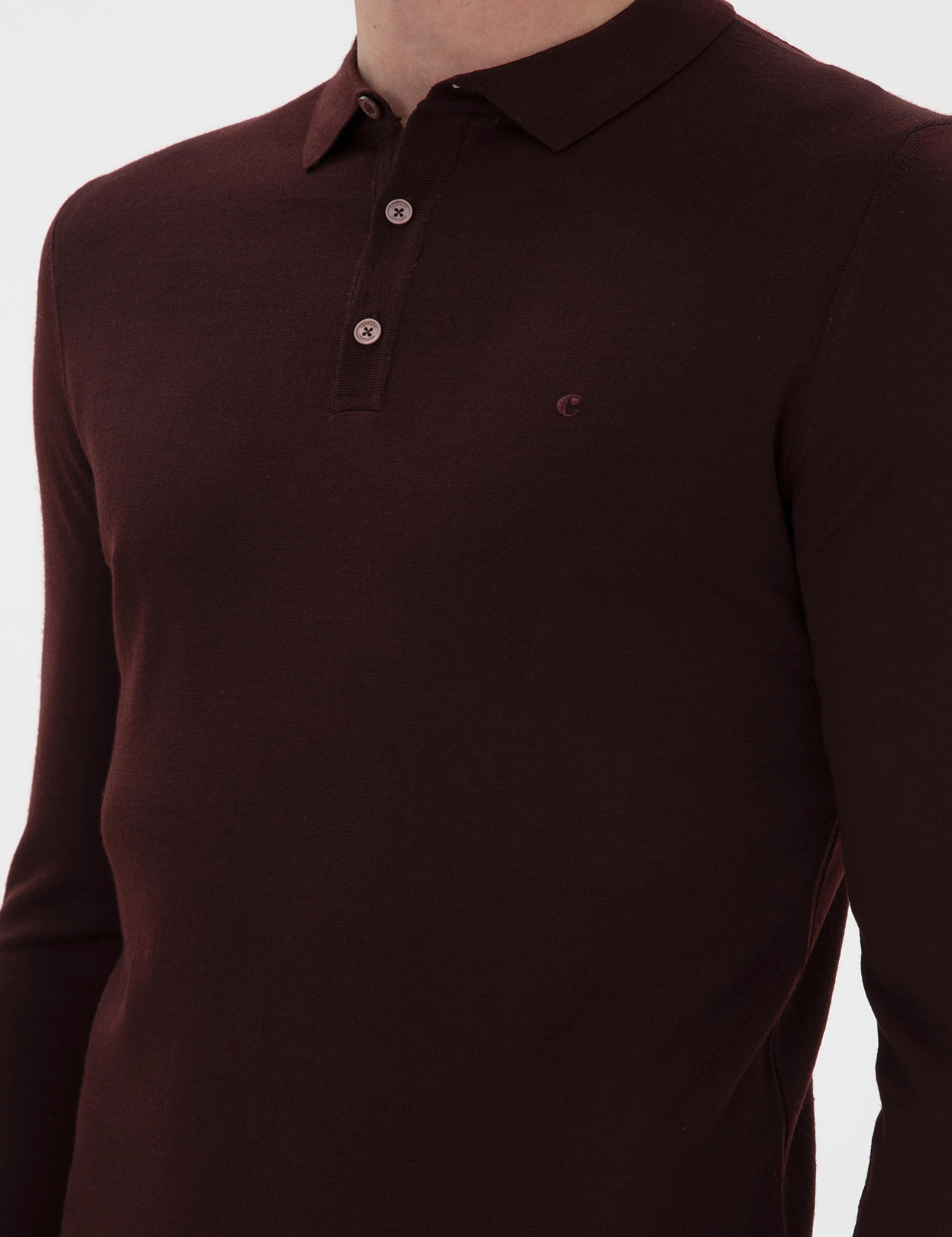 Bordo Slim Fit Yün Karışımlı Polo Yaka Basic Triko Kazak - 50293274102