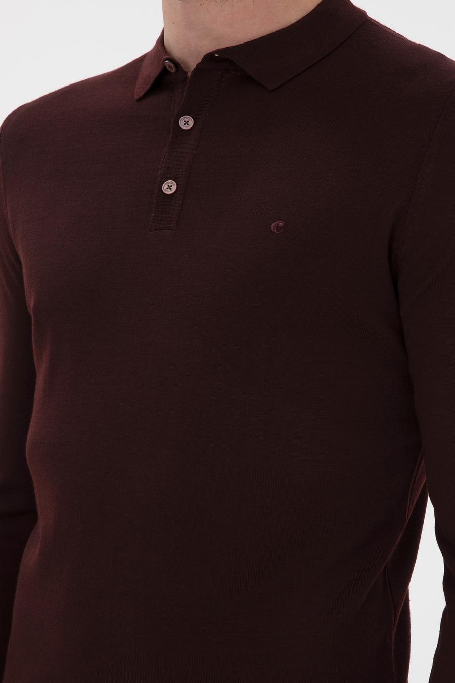 Bordo Slim Fit Yün Karışımlı Polo Yaka Basic Triko Kazak - 50293274102