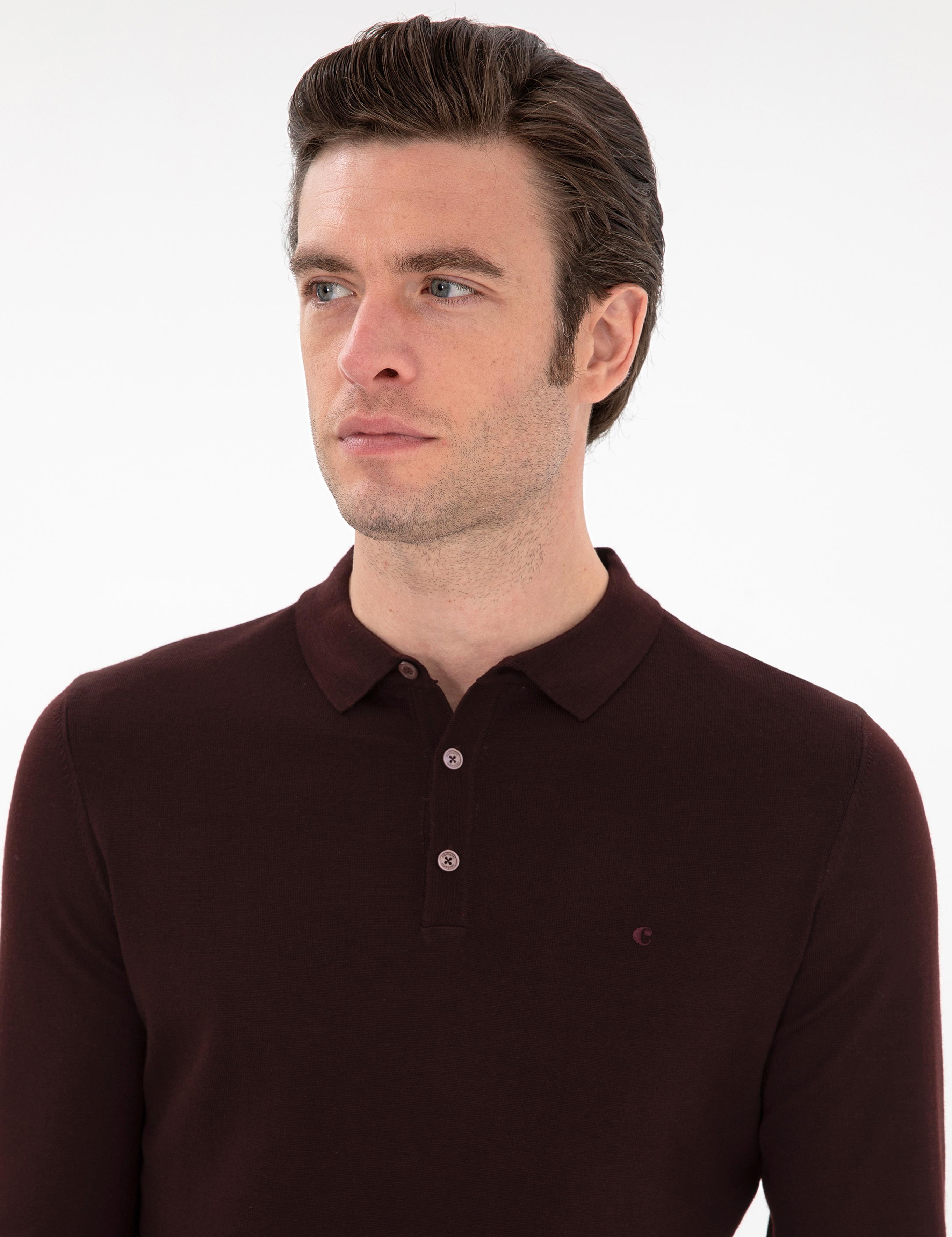 Bordo Slim Fit Yün Karışımlı Polo Yaka Basic Triko Kazak - 50293274102