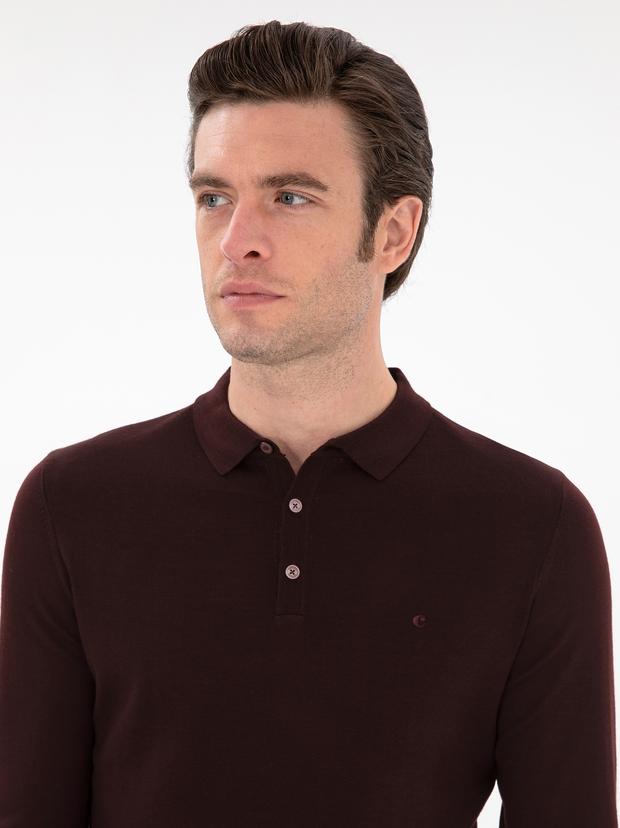 Bordo Slim Fit Yün Karışımlı Polo Yaka Basic Triko Kazak