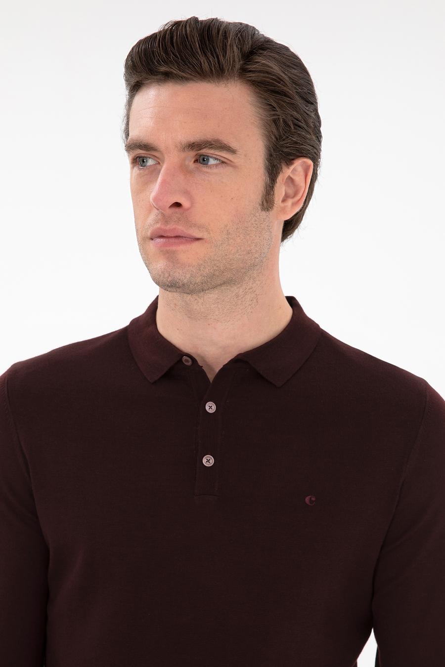 Bordo Slim Fit Yün Karışımlı Polo Yaka Basic Triko Kazak - 50293274102