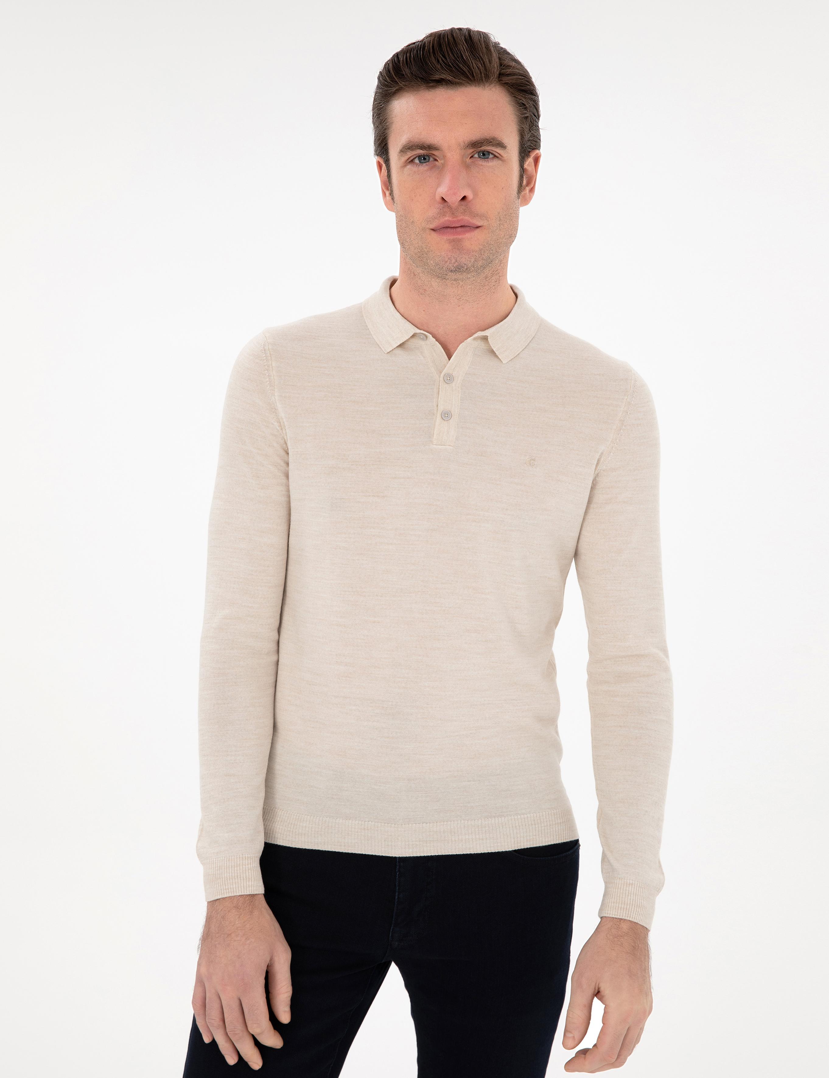 Bej Slim Fit Yün Karışımlı Polo Yaka Basic Triko Kazak - 50293274091