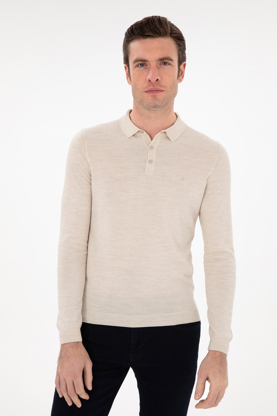 Bej Slim Fit Yün Karışımlı Polo Yaka Basic Triko Kazak - 50293274091