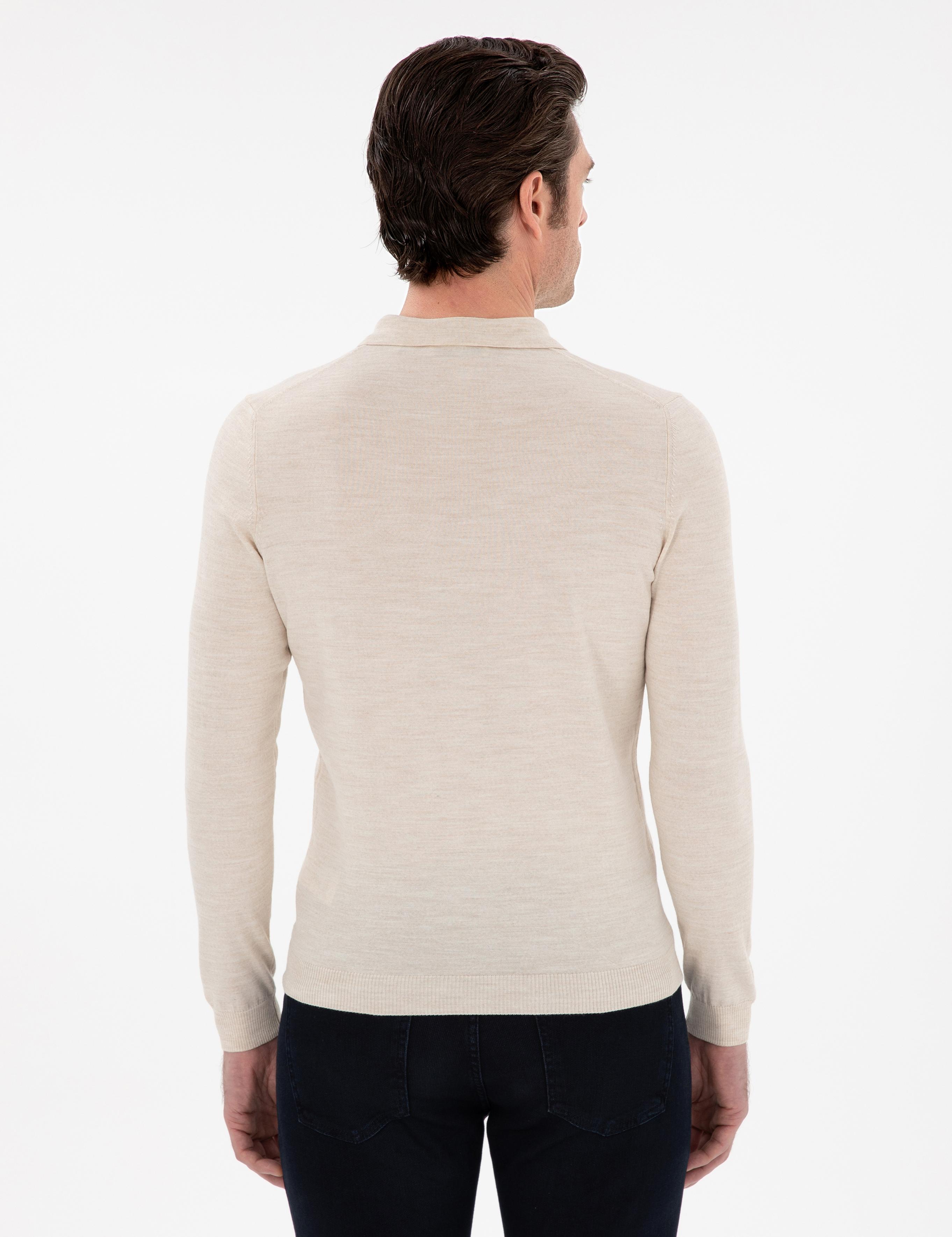 Bej Slim Fit Yün Karışımlı Polo Yaka Basic Triko Kazak - 50293274091