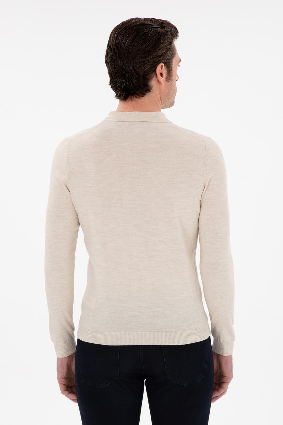 Bej Slim Fit Yün Karışımlı Polo Yaka Basic Triko Kazak - 50293274091