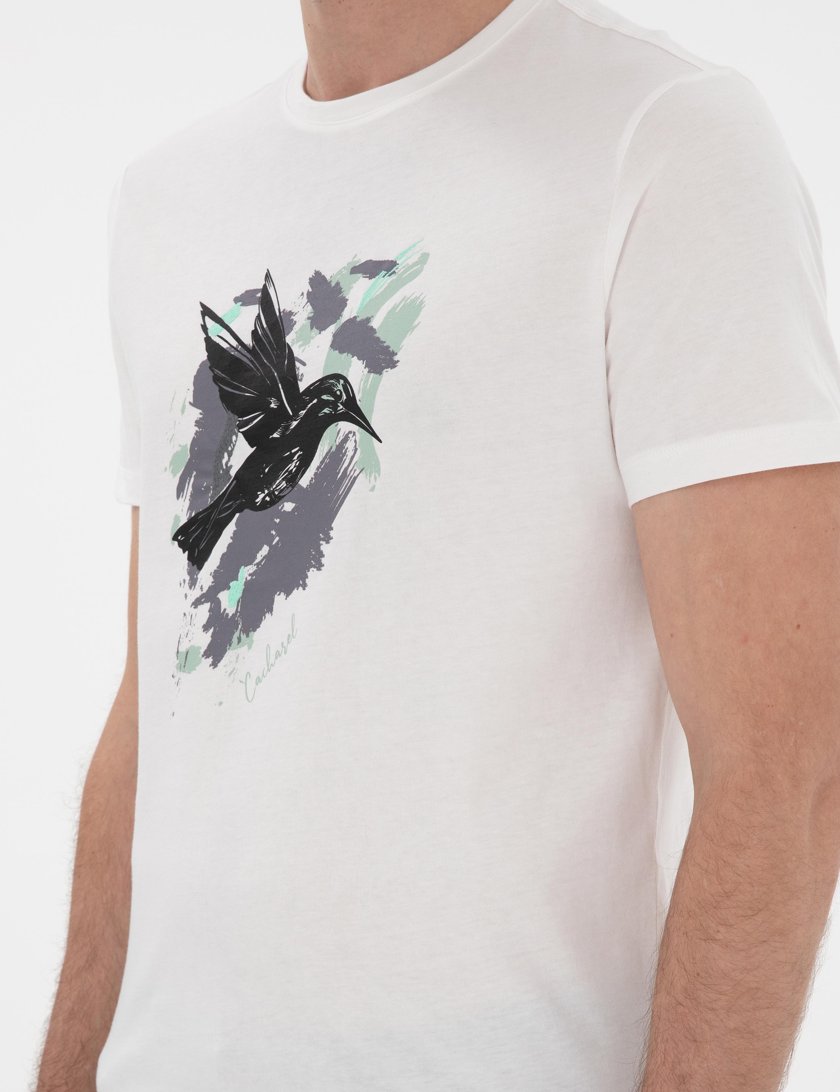 Beyaz Slim Fit Bisiklet Yaka Desenli T-shirt - 50301522005